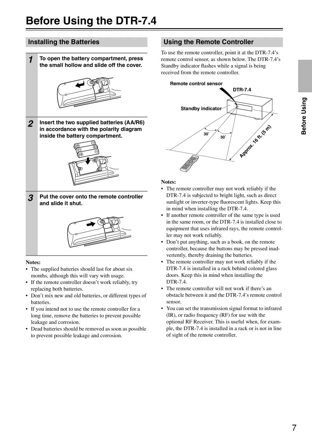 Integra instruction manual Before Using the DTR-7.4, Installing the Batteries, Using the Remote Controller 