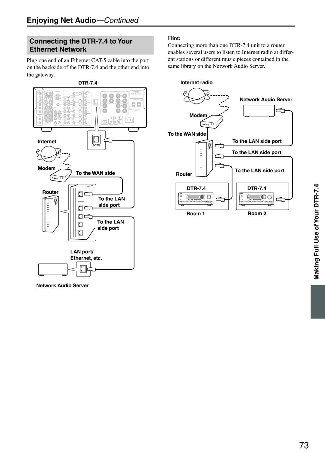 Integra instruction manual Enjoying Net Audio, Connecting the DTR-7.4 to Your Ethernet Network, Internet 