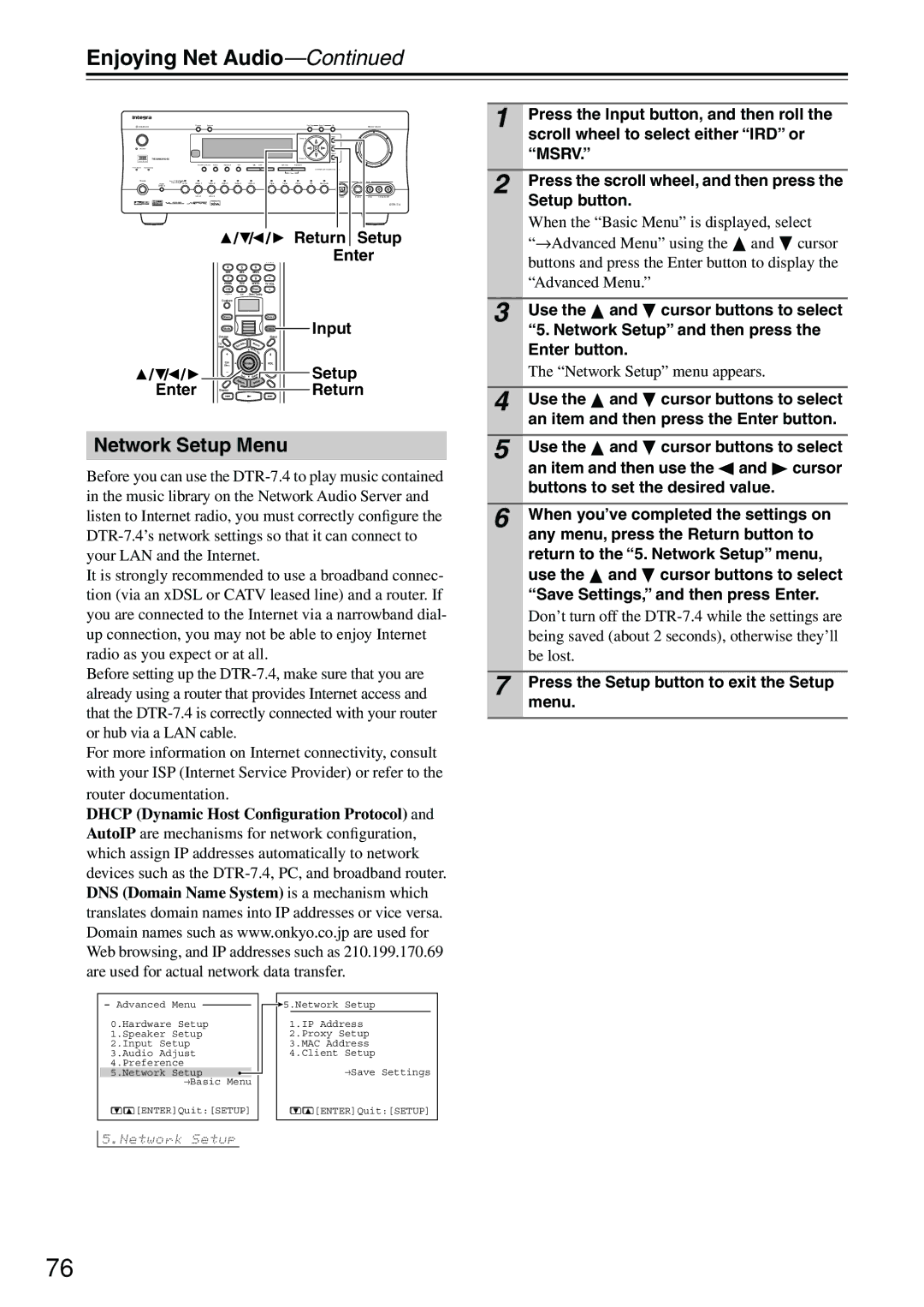 Integra DTR-7.4 instruction manual Network Setup Menu 