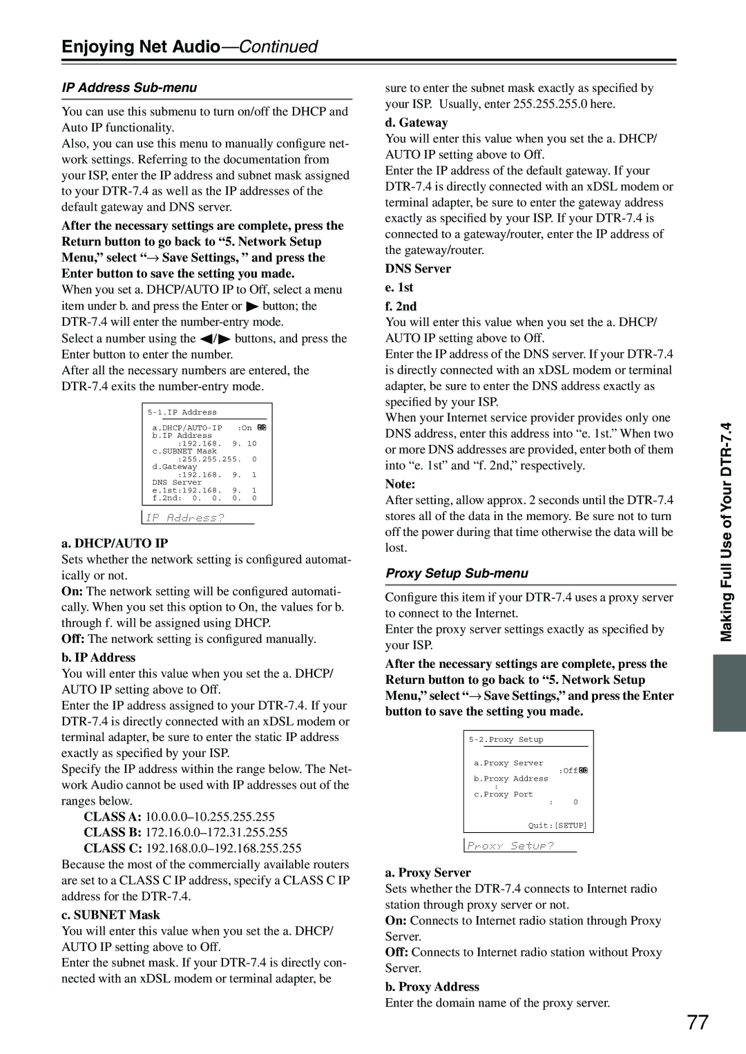 Integra DTR-7.4 instruction manual IP Address Sub-menu, Proxy Setup Sub-menu 