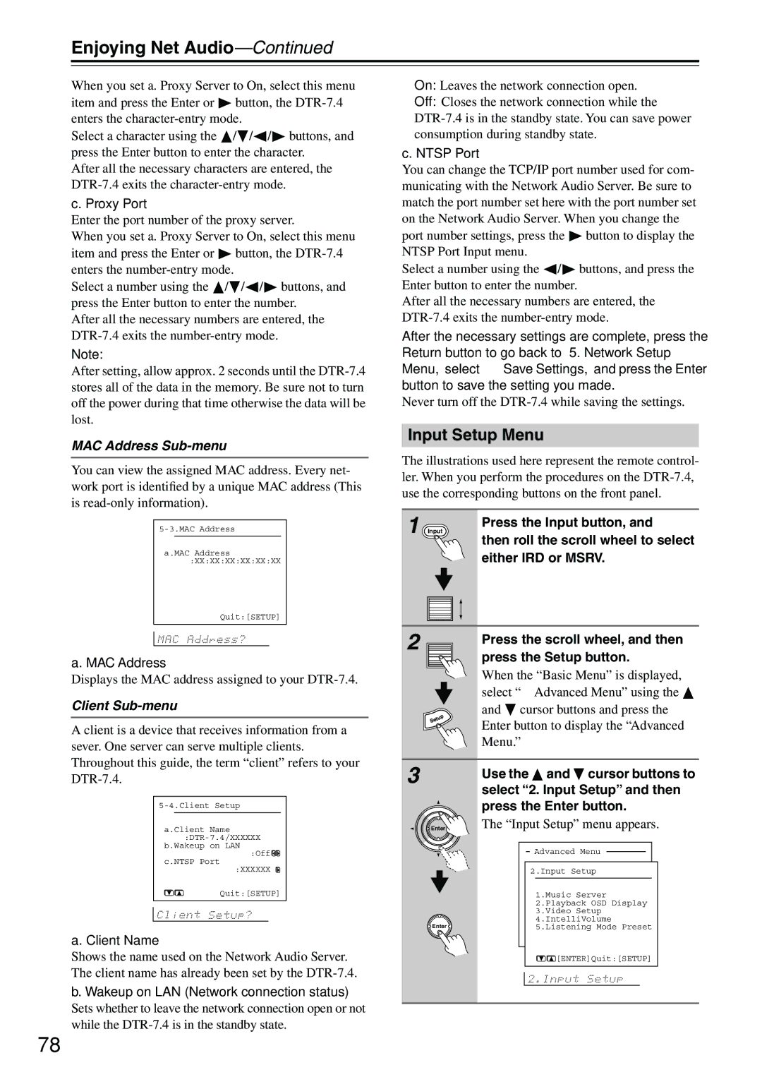 Integra DTR-7.4 instruction manual Input Setup Menu, MAC Address Sub-menu, Client Sub-menu, Press the Input button 