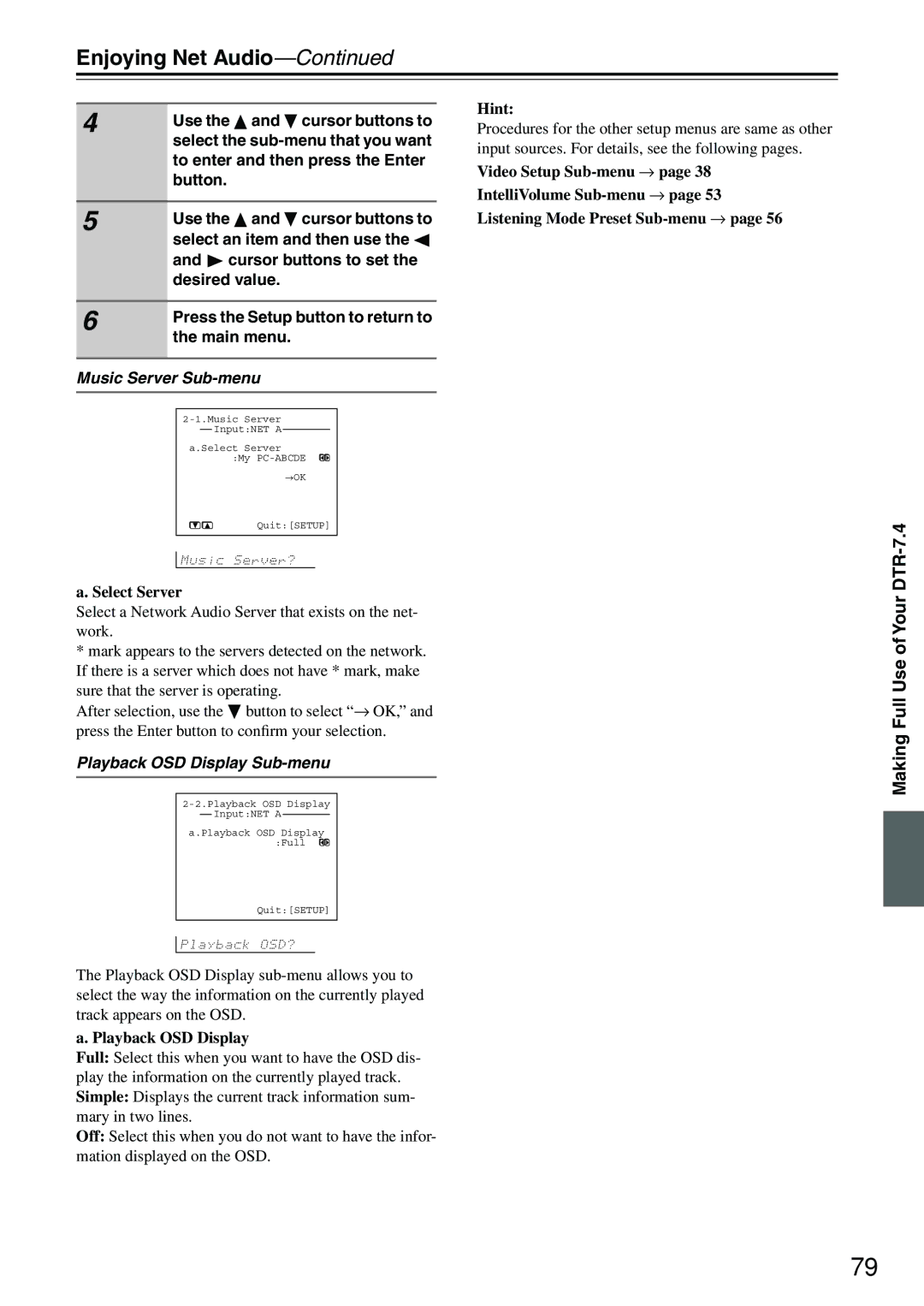 Integra DTR-7.4 instruction manual Select Server, Playback OSD Display Sub-menu 