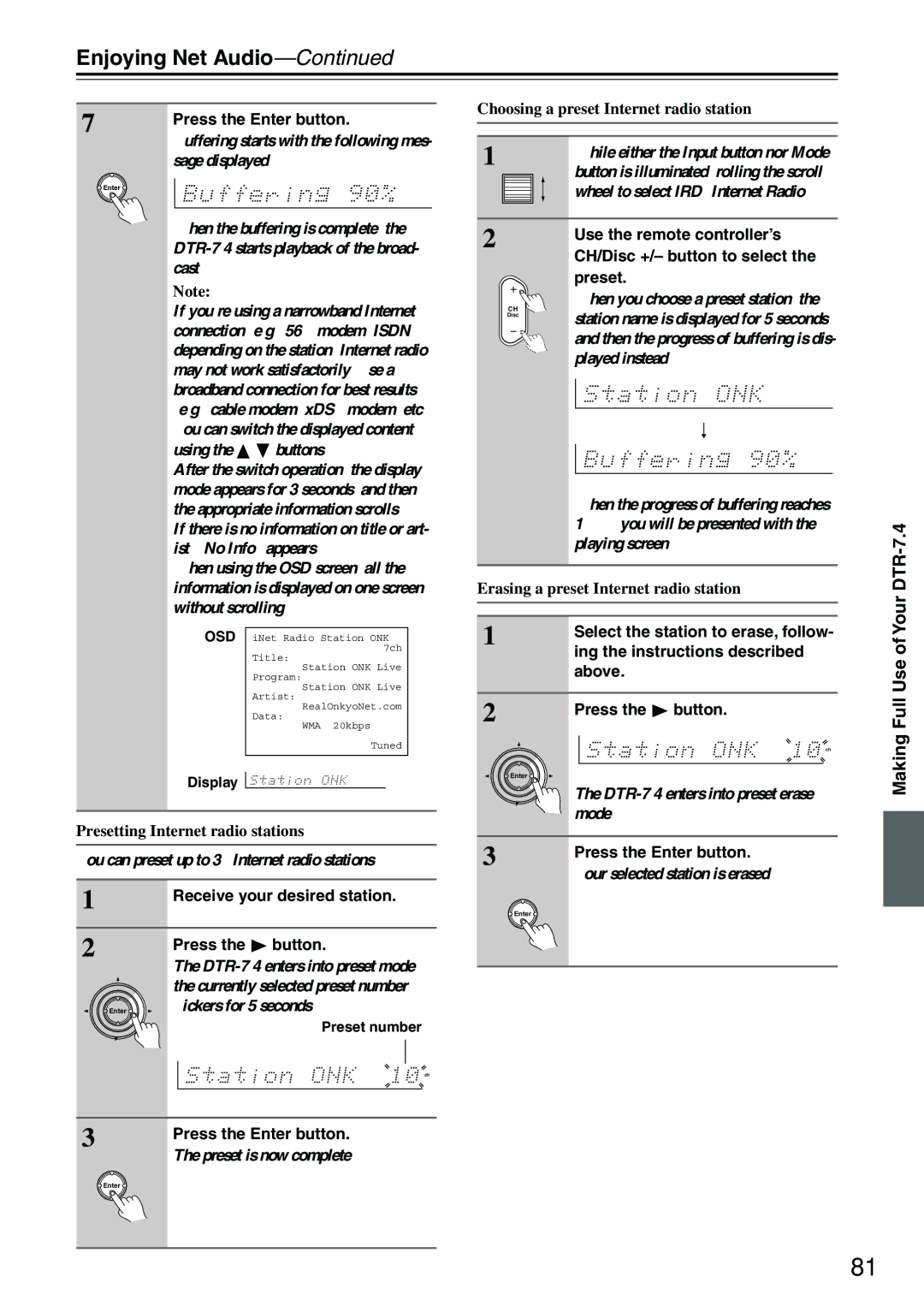 Integra DTR-7.4 instruction manual Presetting Internet radio stations, Choosing a preset Internet radio station 