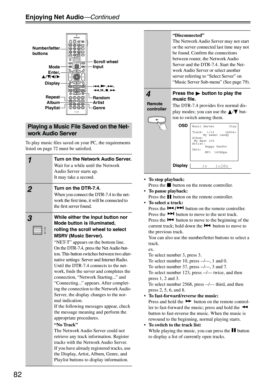 Integra Turn on the Network Audio Server, Turn on the DTR-7.4, While either the Input button nor, Msrv Music Server 