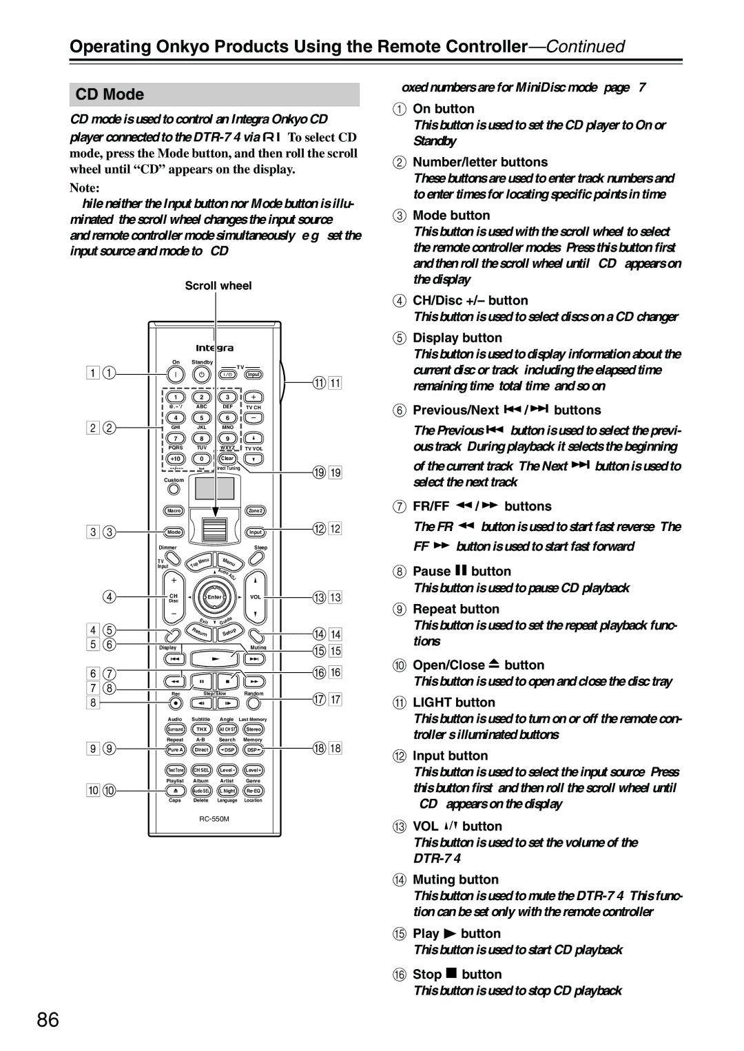 Integra DTR-7.4 instruction manual CD Mode, Previous/Next / buttons, FR/FF / buttons 