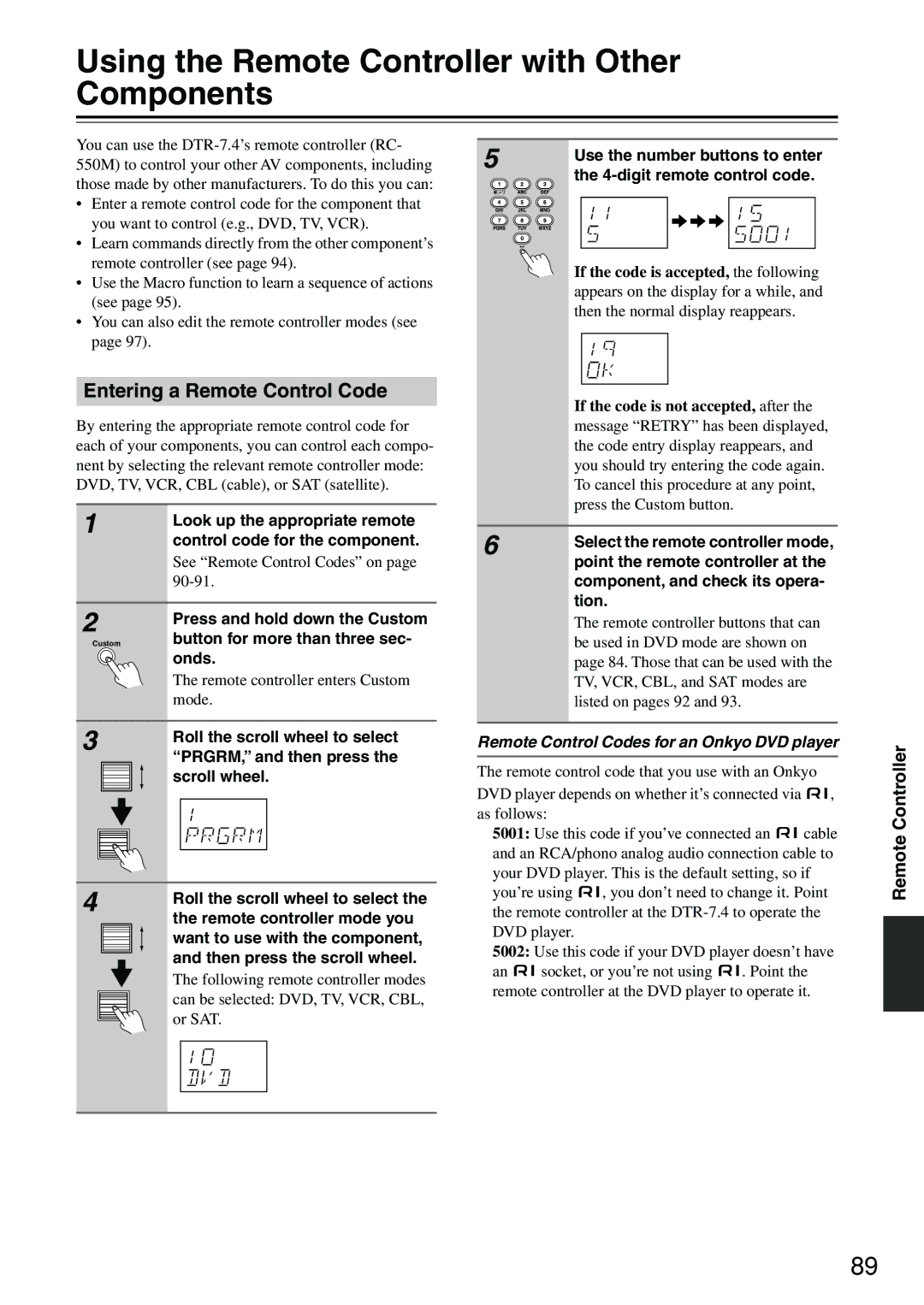 Integra DTR-7.4 instruction manual Using the Remote Controller with Other Components, Entering a Remote Control Code 