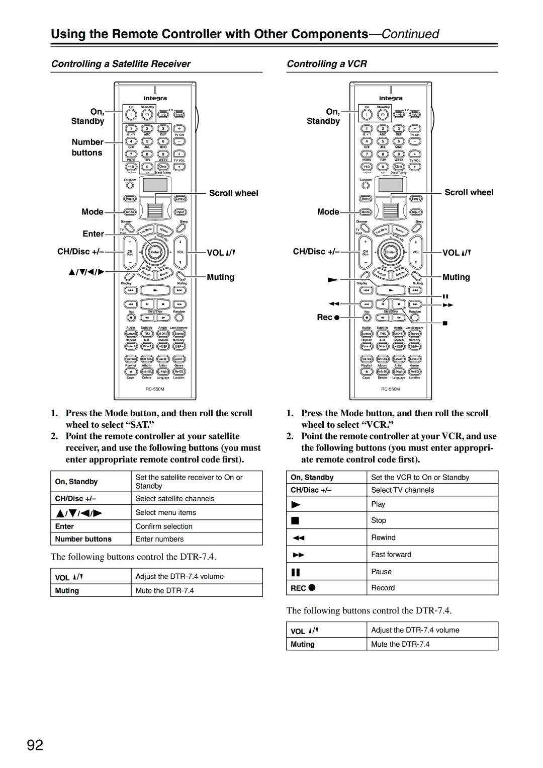 Integra instruction manual Controlling a Satellite Receiver Controlling a VCR, Following buttons control the DTR-7.4 