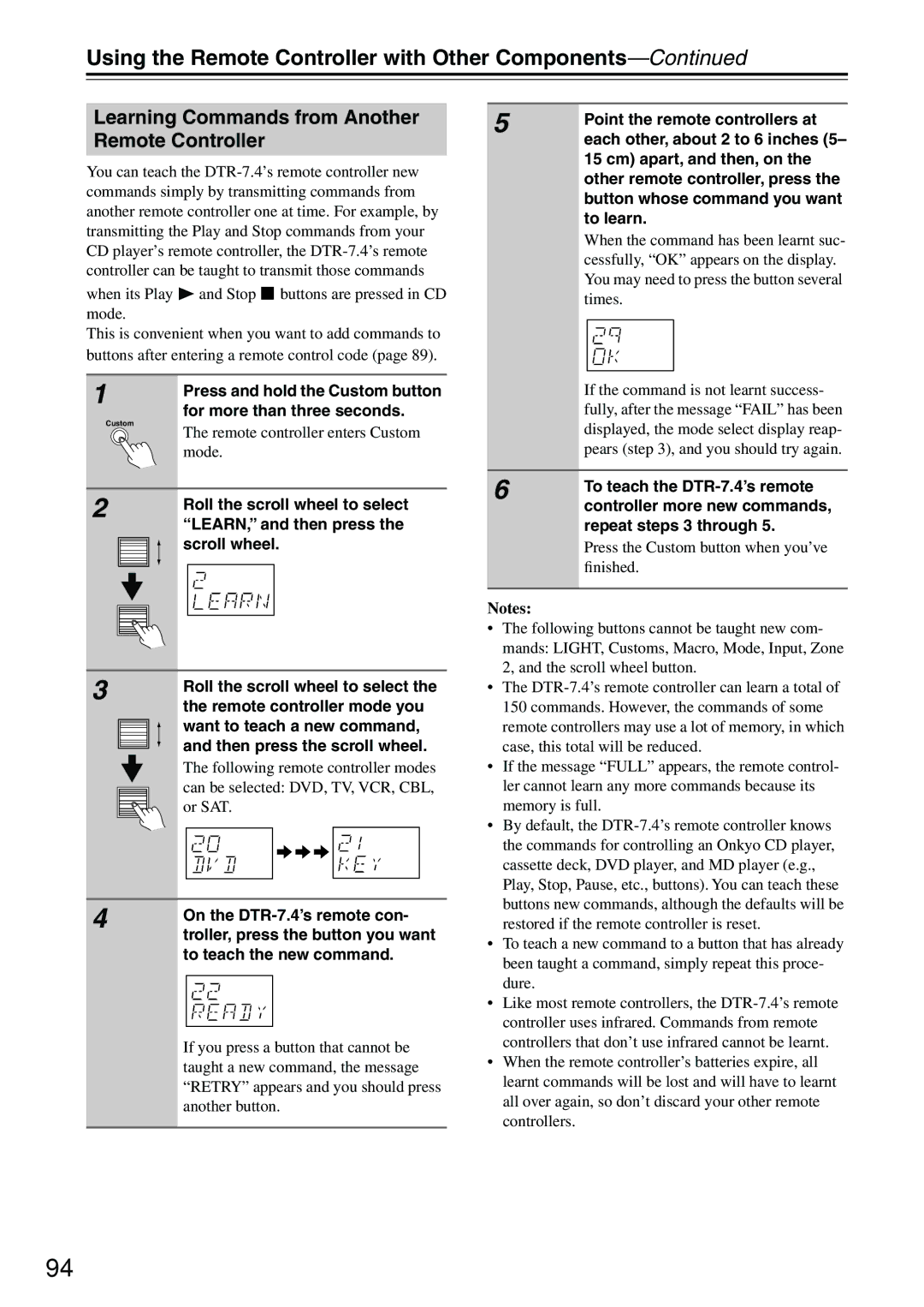 Integra DTR-7.4 instruction manual Learning Commands from Another Remote Controller 