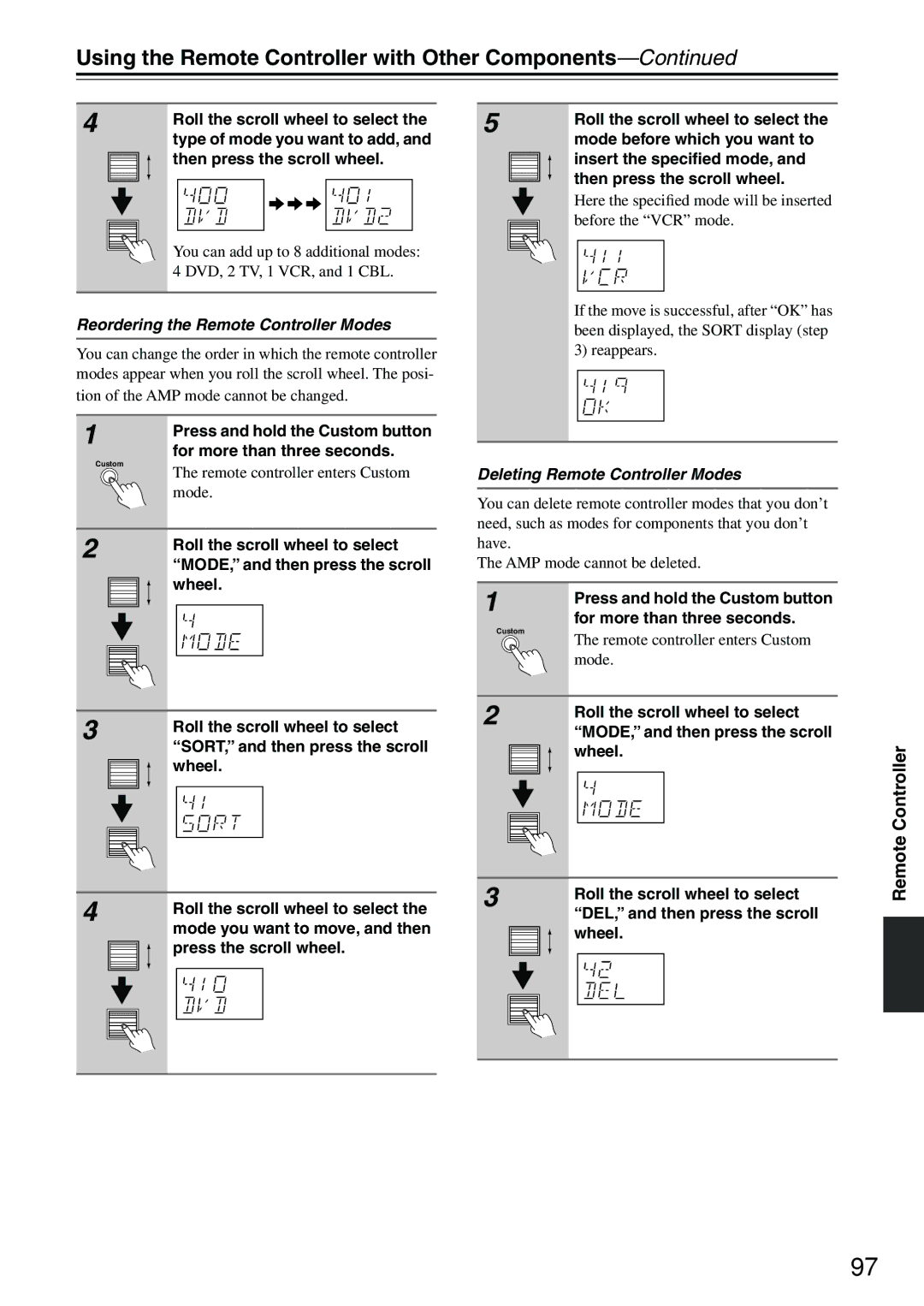 Integra DTR-7.4 Type of mode you want to add, Reordering the Remote Controller Modes, Mode before which you want to 