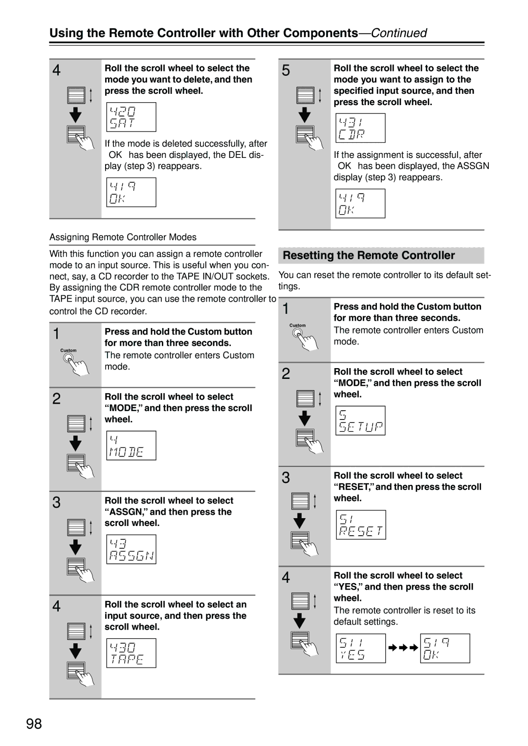 Integra DTR-7.4 instruction manual Resetting the Remote Controller, Assigning Remote Controller Modes 