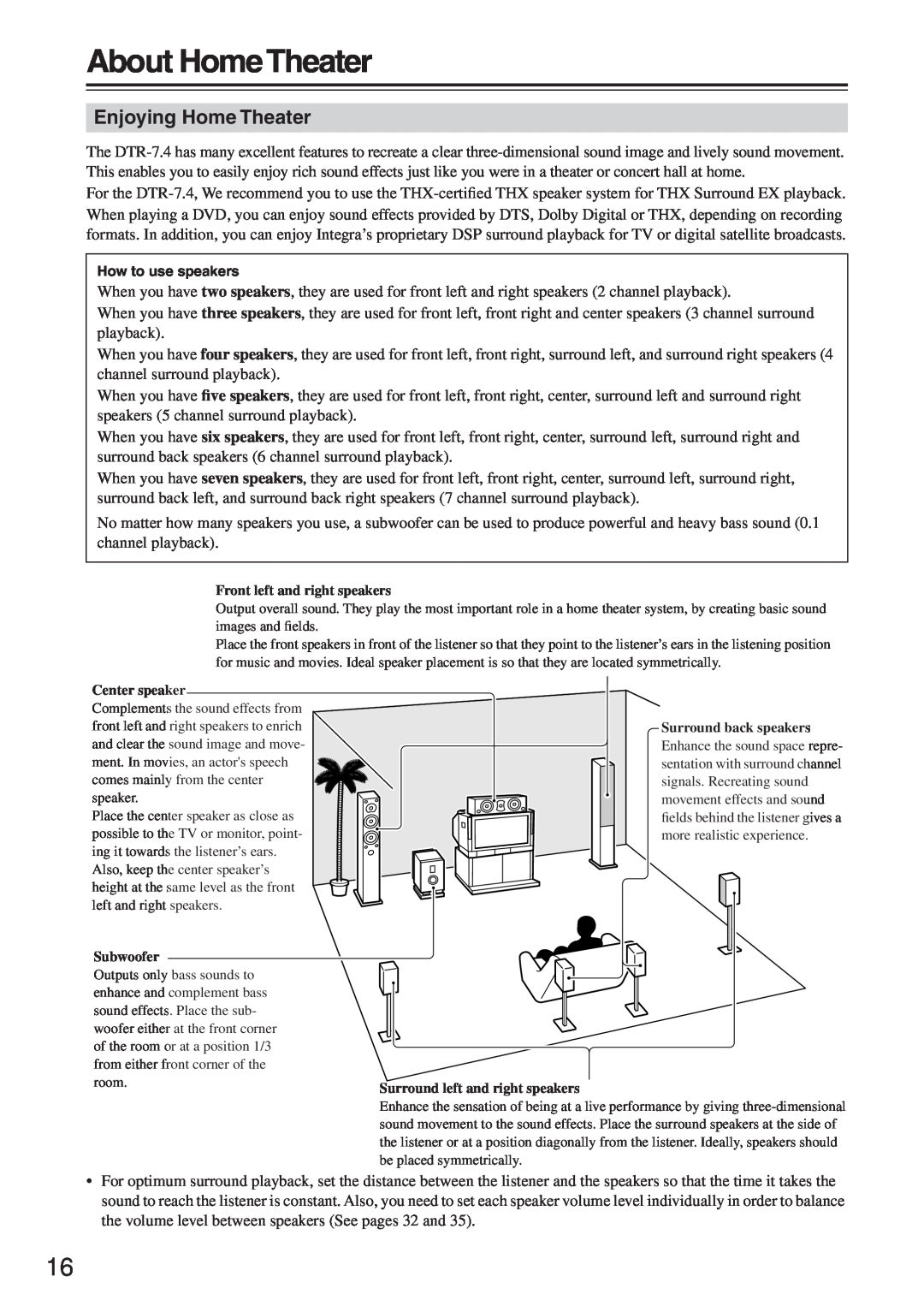 Integra DTR-7.4 instruction manual About HomeTheater, Enjoying Home Theater 