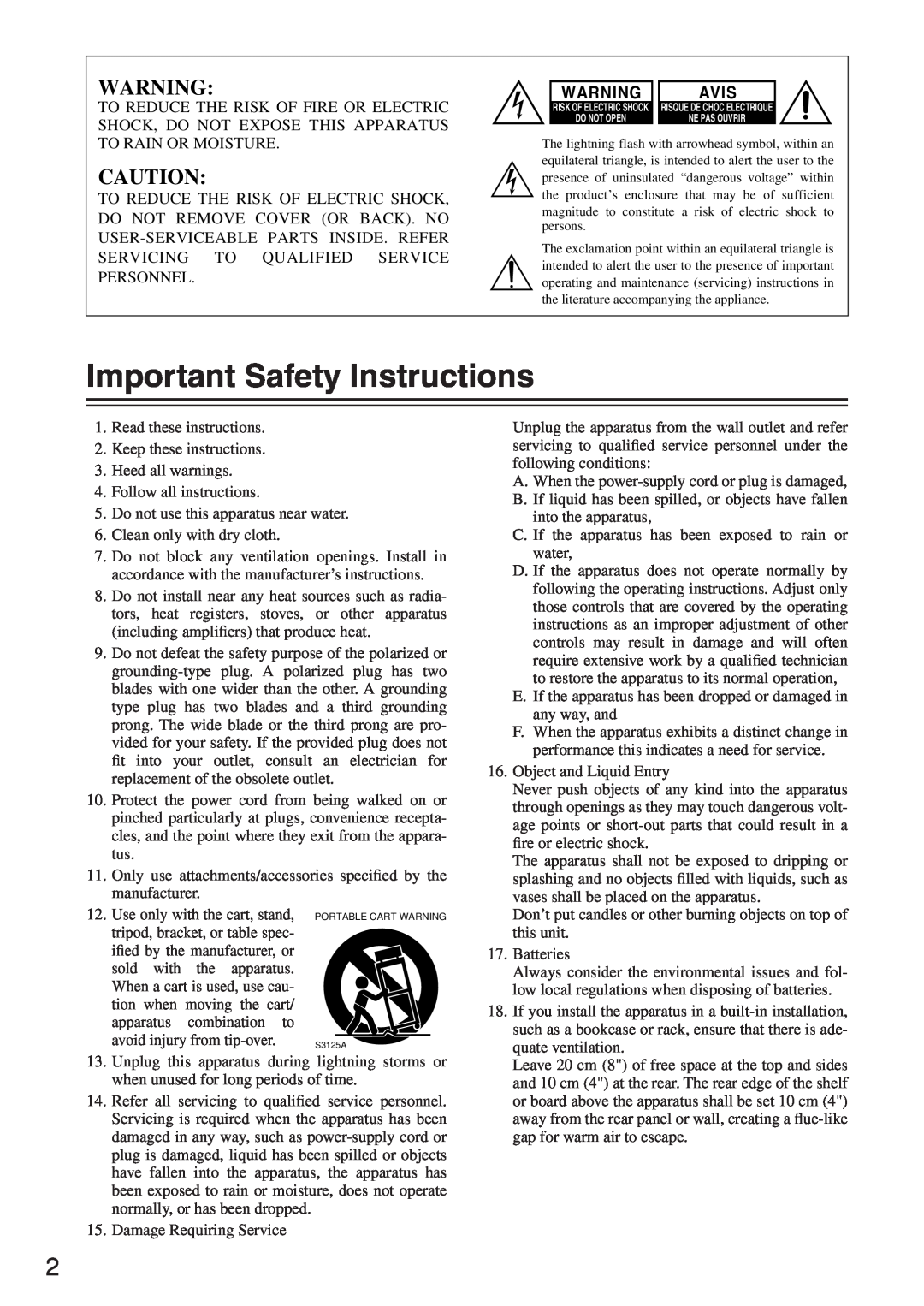 Integra DTR-7.4 instruction manual Important Safety Instructions, Avis 