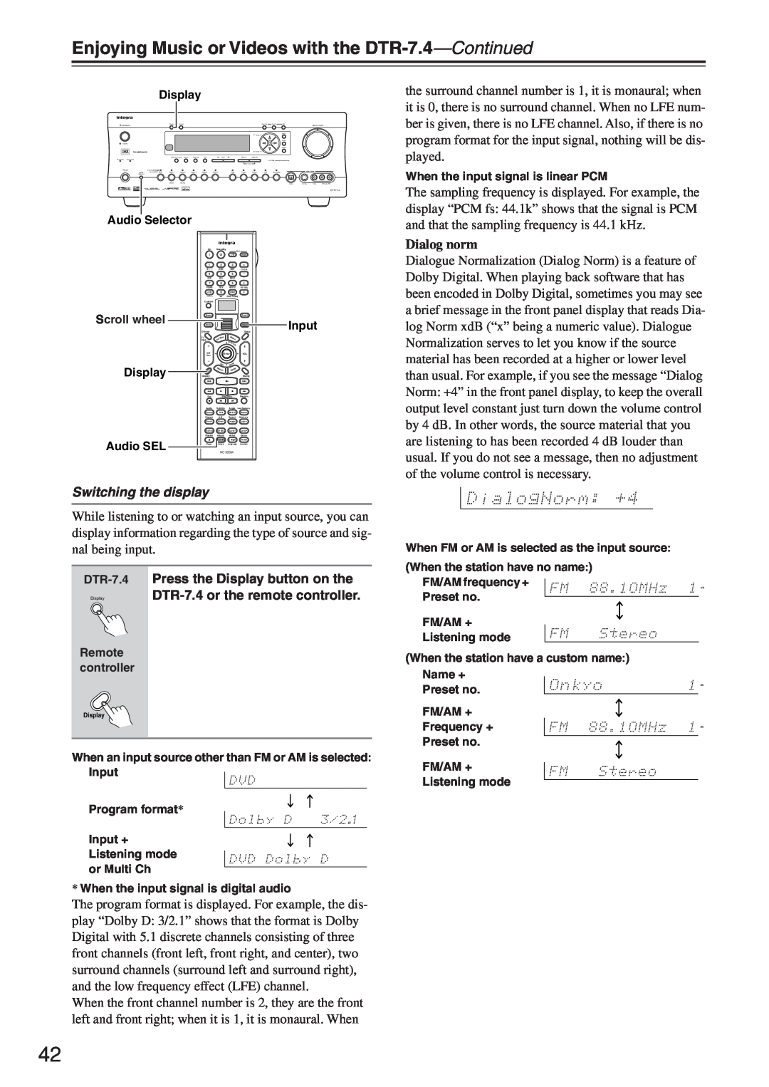 Integra DTR-7.4 instruction manual Dialog norm, Switching the display 