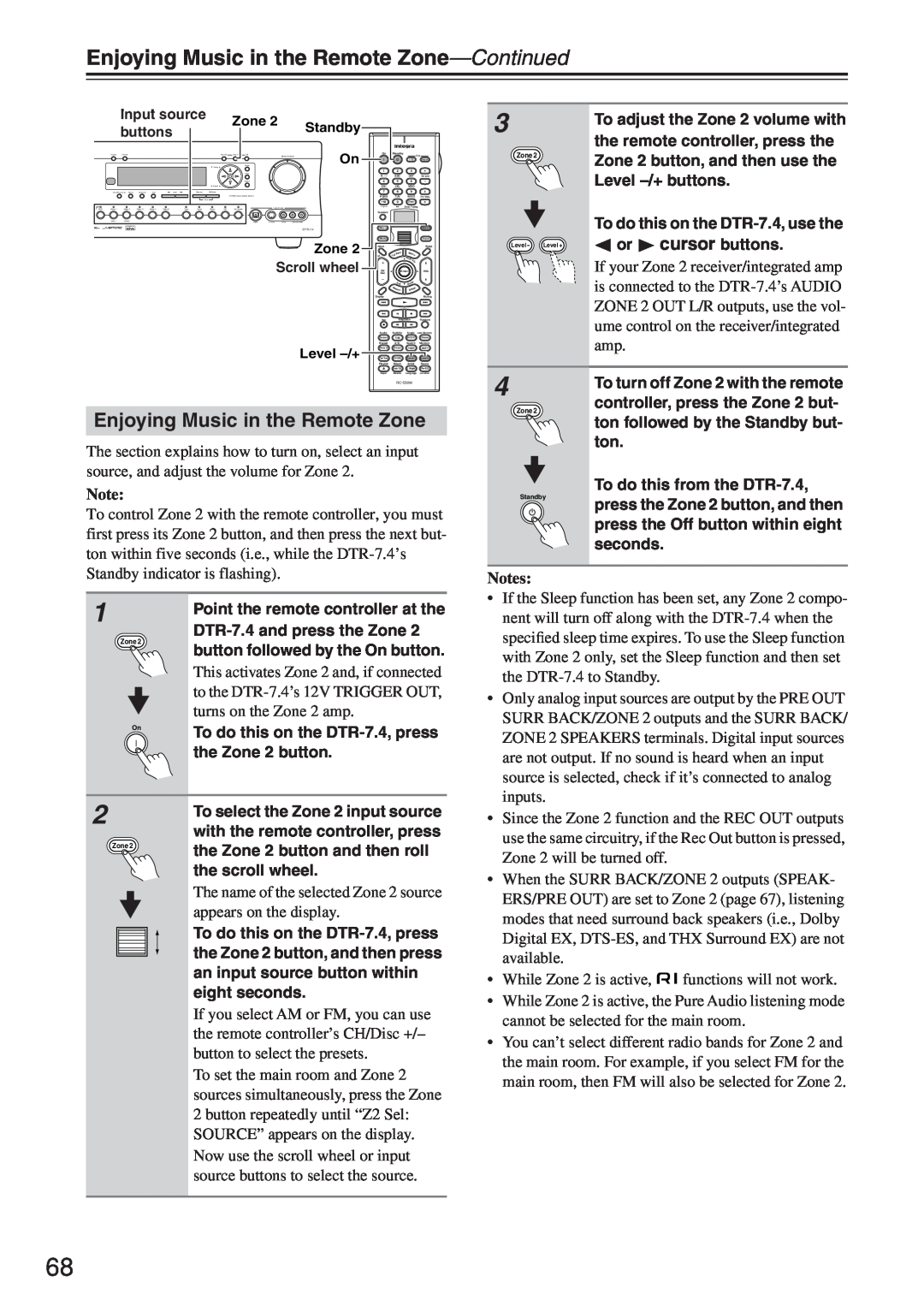 Integra DTR-7.4 instruction manual Enjoying Music in the Remote Zone—Continued, Notes, appears on the display 