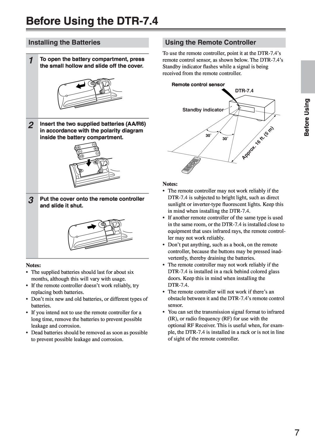 Integra instruction manual Before Using the DTR-7.4, Installing the Batteries, Using the Remote Controller, Notes 