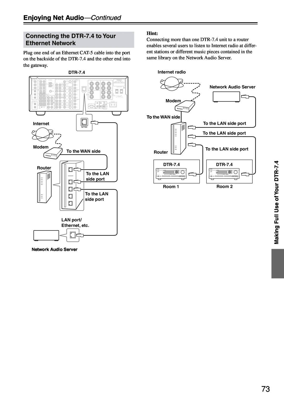 Integra instruction manual Enjoying Net Audio—Continued, Connecting the DTR-7.4to Your Ethernet Network, Hint 