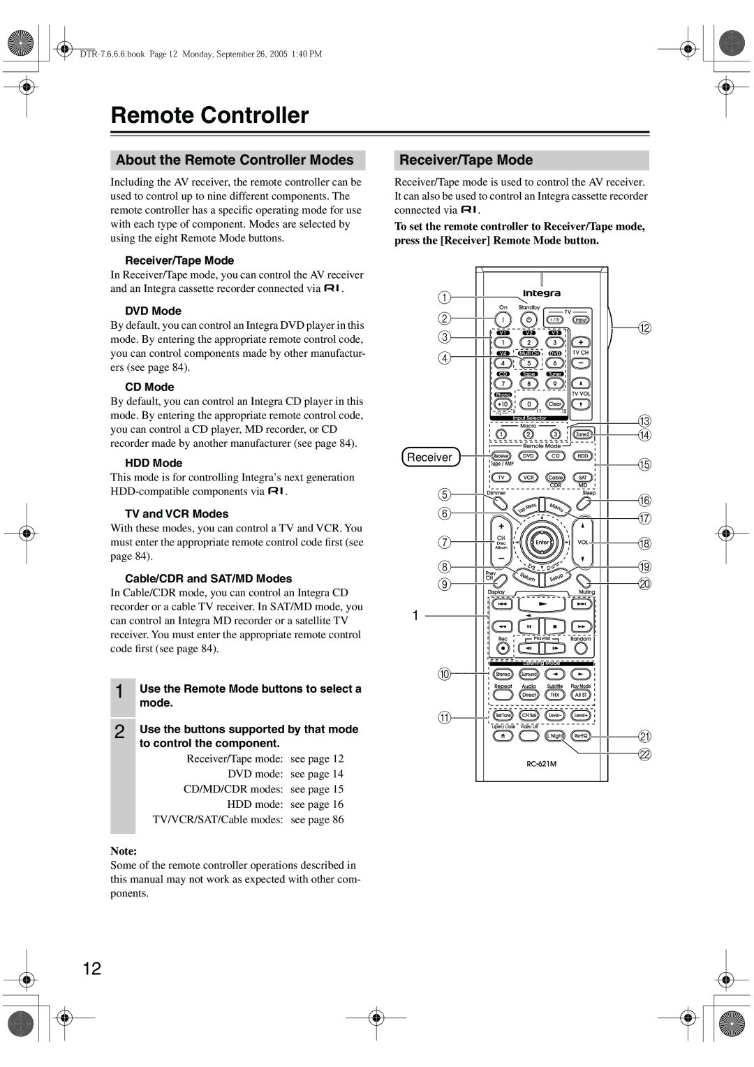 Integra DTR-7.6/6.6 instruction manual About the Remote Controller Modes, Receiver/Tape Mode 