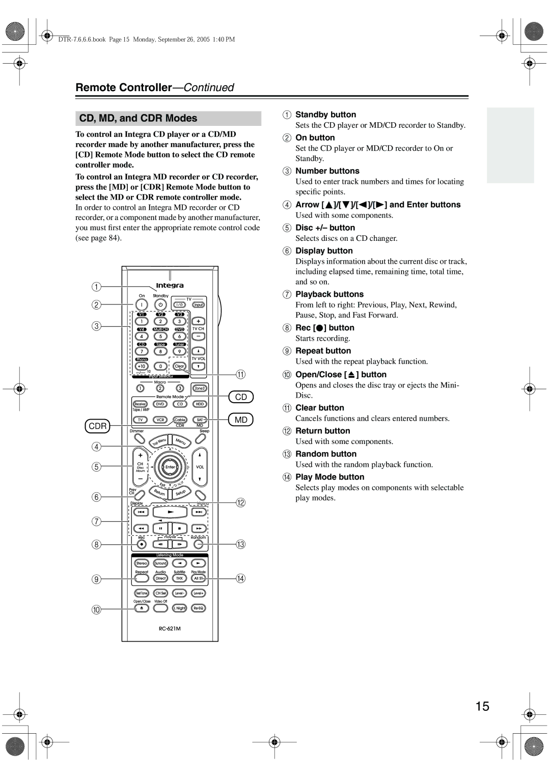 Integra DTR-7.6/6.6 instruction manual CD, MD, and CDR Modes 