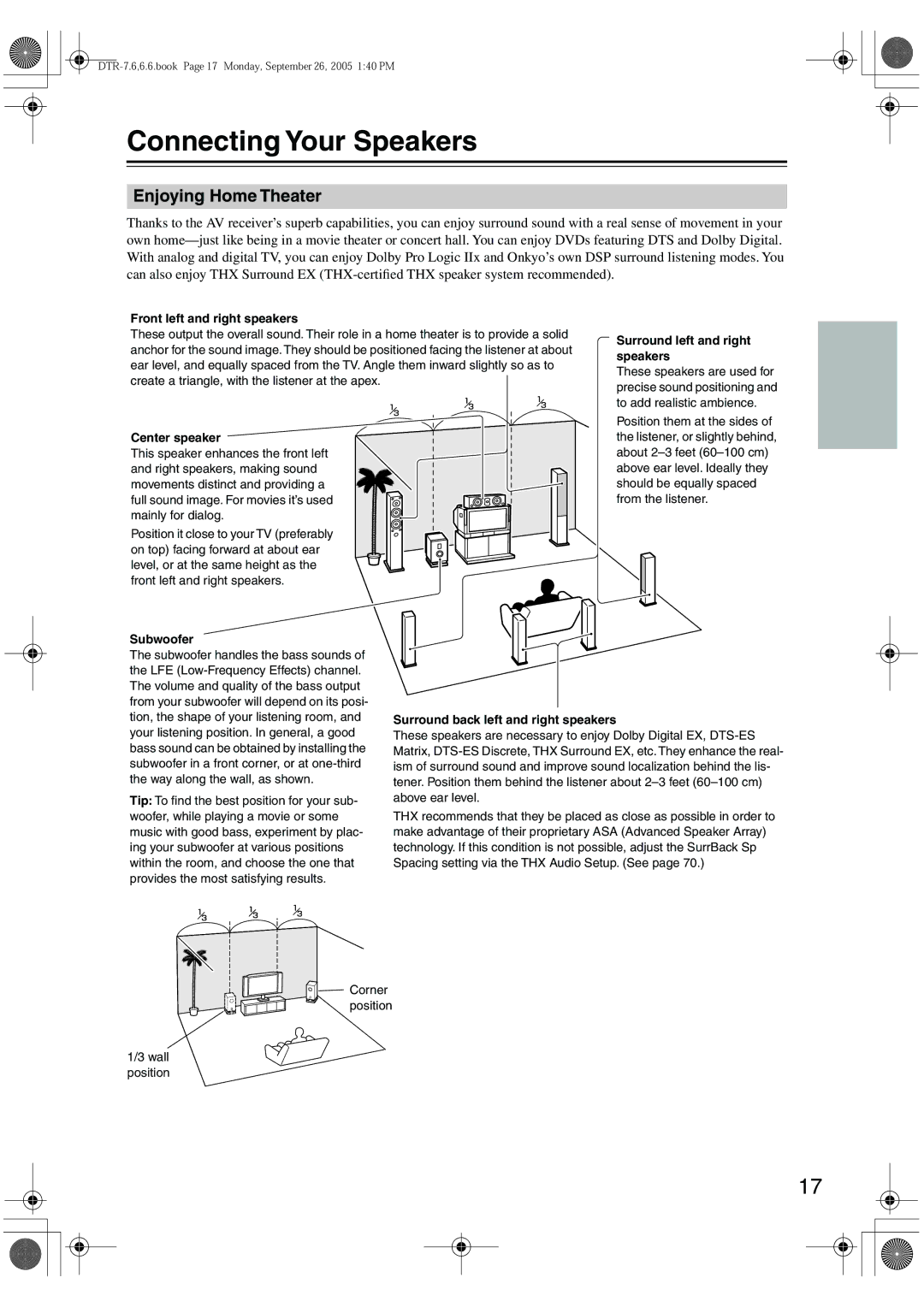 Integra DTR-7.6/6.6 instruction manual Connecting Your Speakers, Enjoying Home Theater 