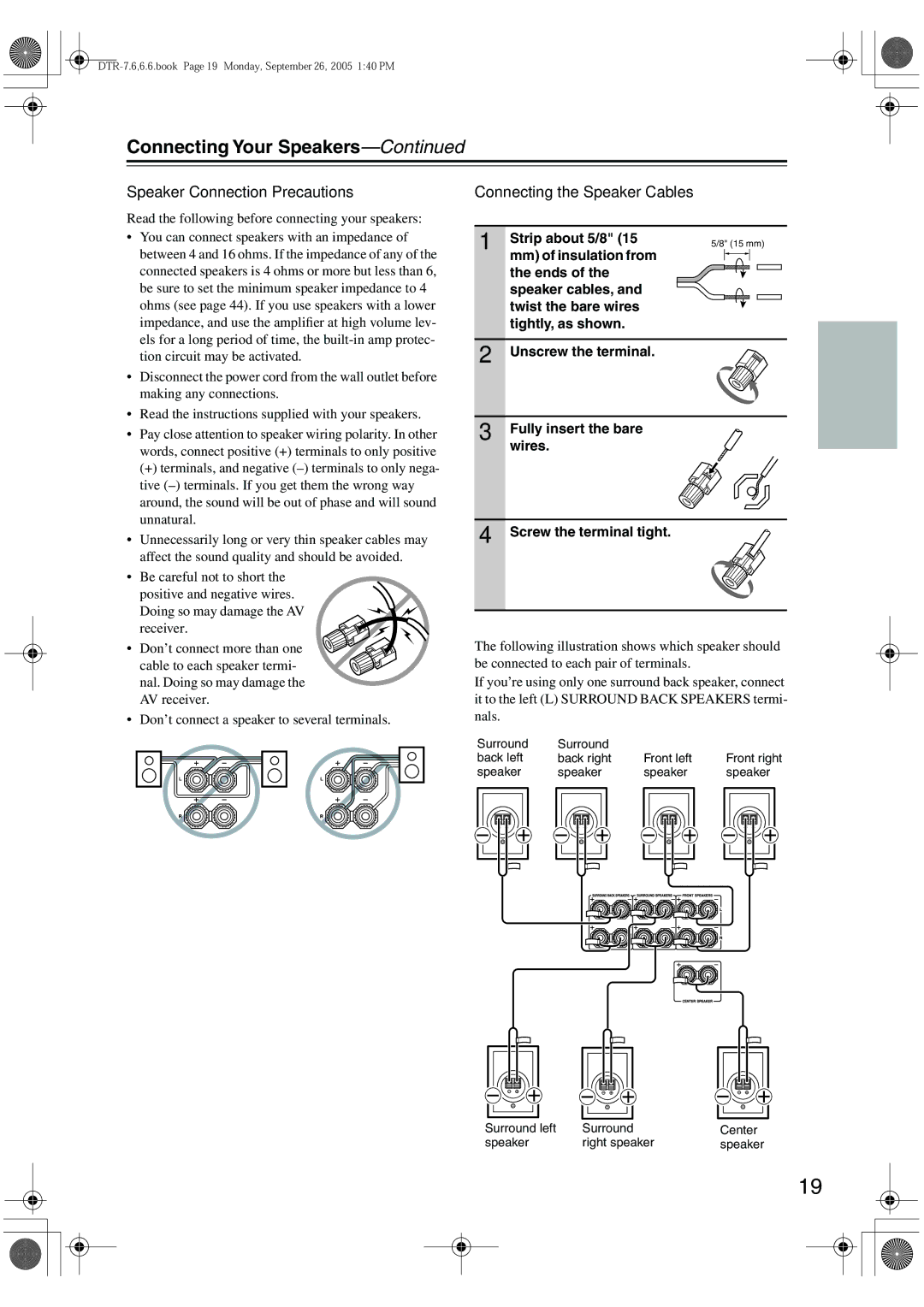 Integra DTR-7.6/6.6 instruction manual Speaker Connection Precautions, Connecting the Speaker Cables, Strip about 5/8 