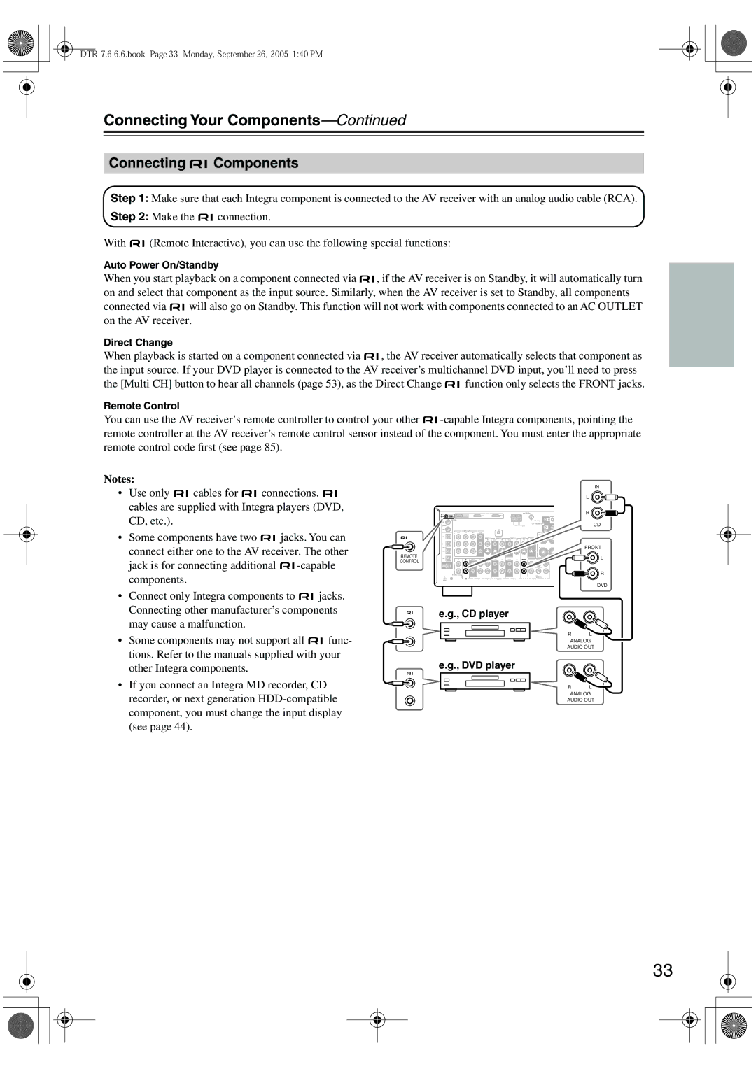 Integra DTR-7.6/6.6 instruction manual Connecting Components, Auto Power On/Standby 