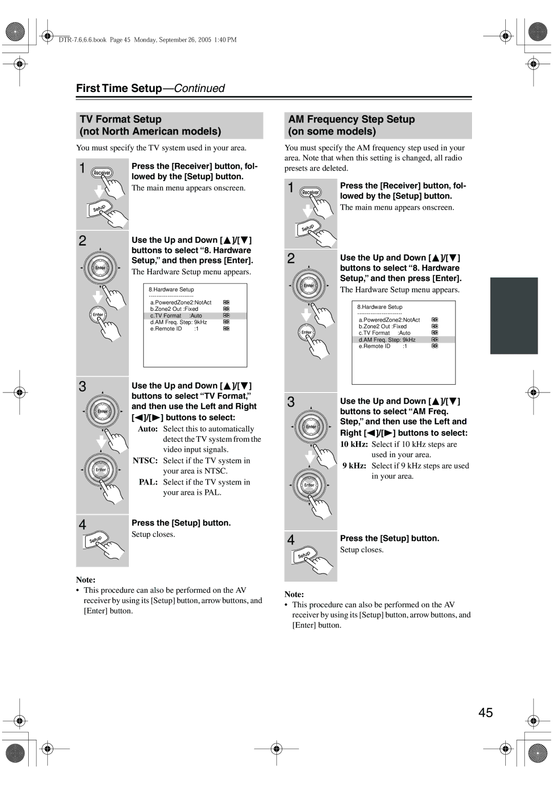 Integra DTR-7.6/6.6 TV Format Setup Not North American models, AM Frequency Step Setup on some models, Use the Up and Down 