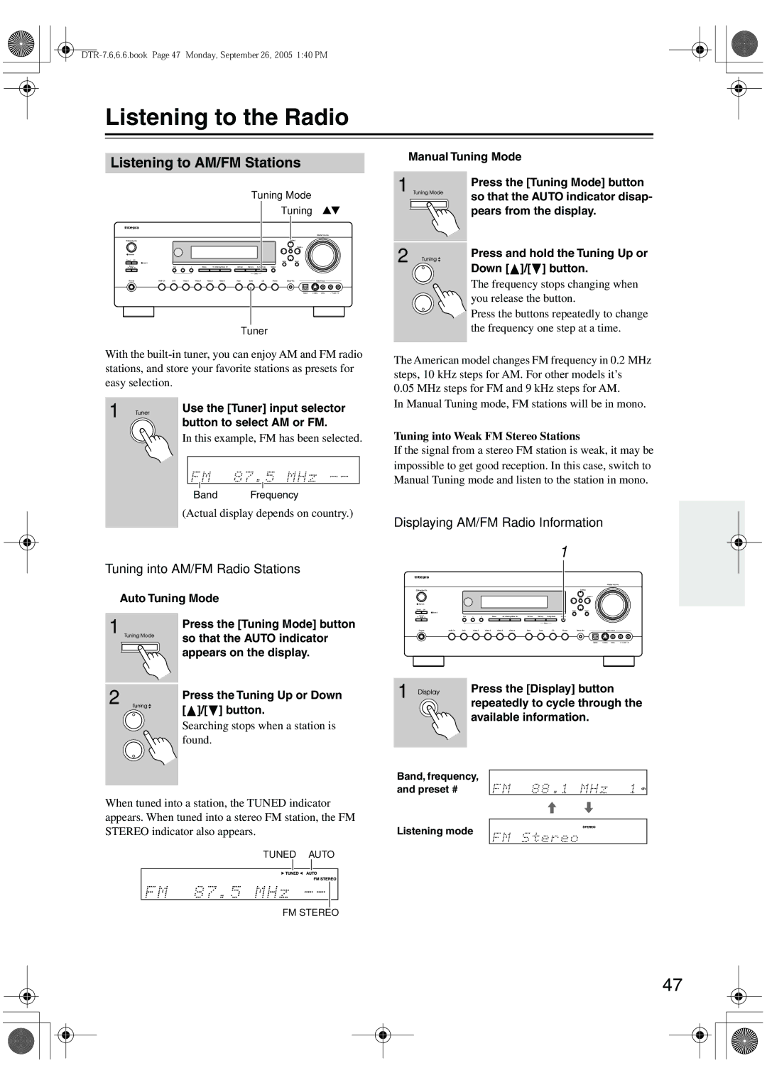 Integra DTR-7.6/6.6 Listening to the Radio, Listening to AM/FM Stations, Tuning into AM/FM Radio Stations 