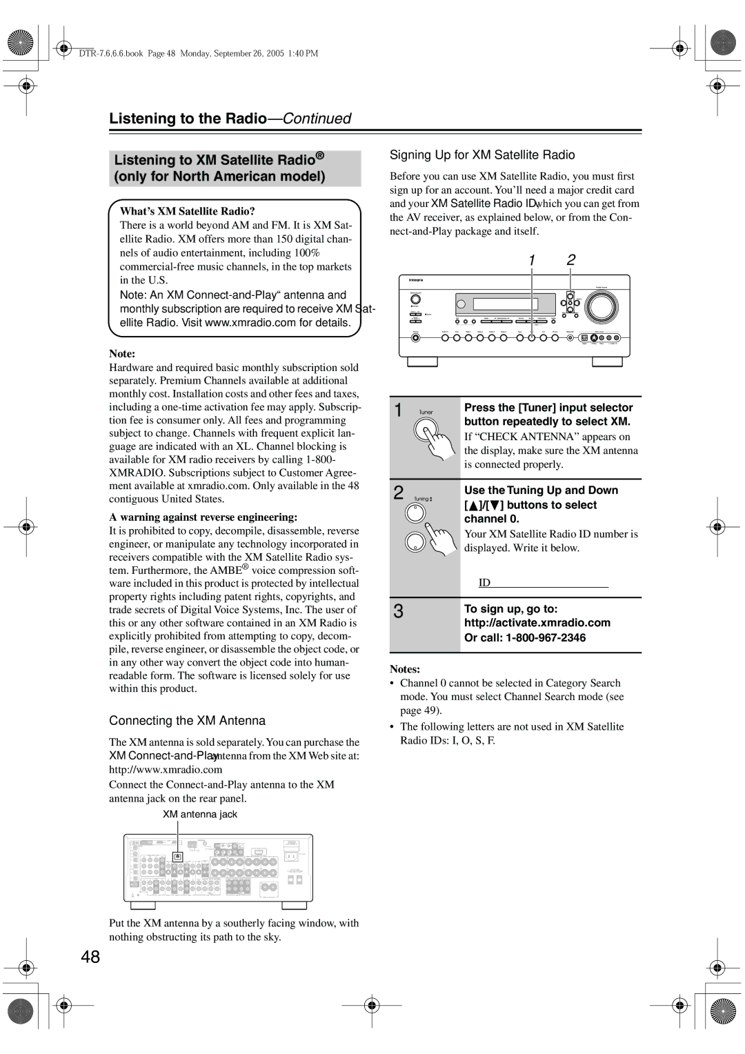 Integra DTR-7.6/6.6 instruction manual Listening to the Radio, Connecting the XM Antenna, Signing Up for XM Satellite Radio 