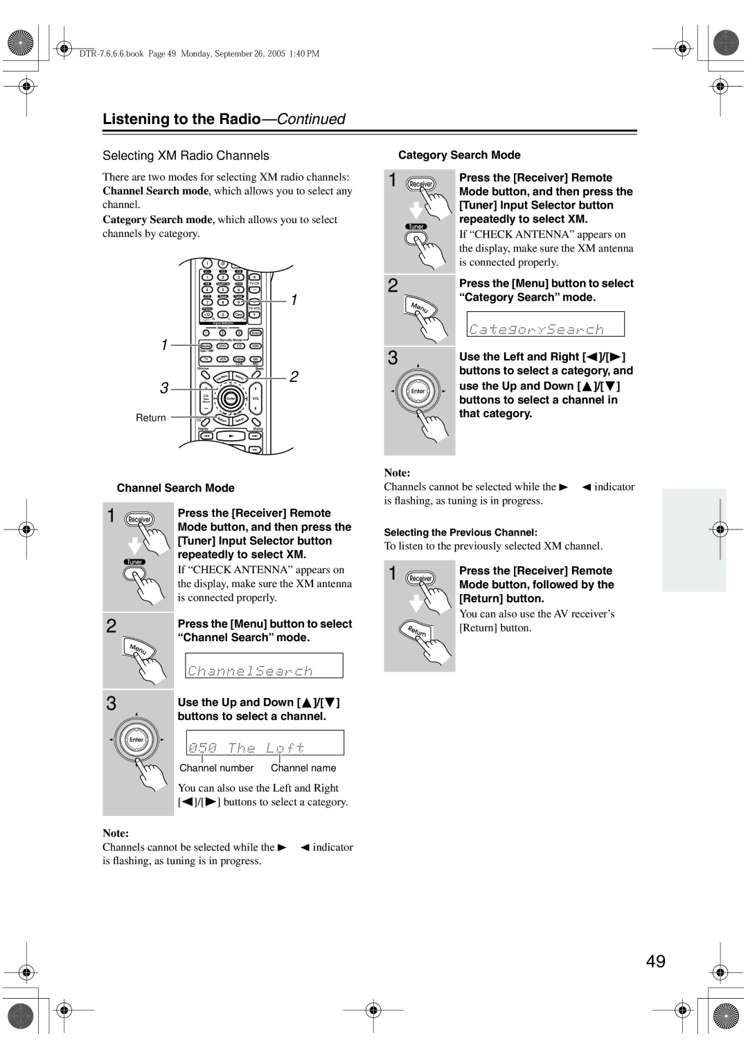 Integra DTR-7.6/6.6 Selecting XM Radio Channels, Channel Search mode, Use the Up and Down Buttons to select a channel 