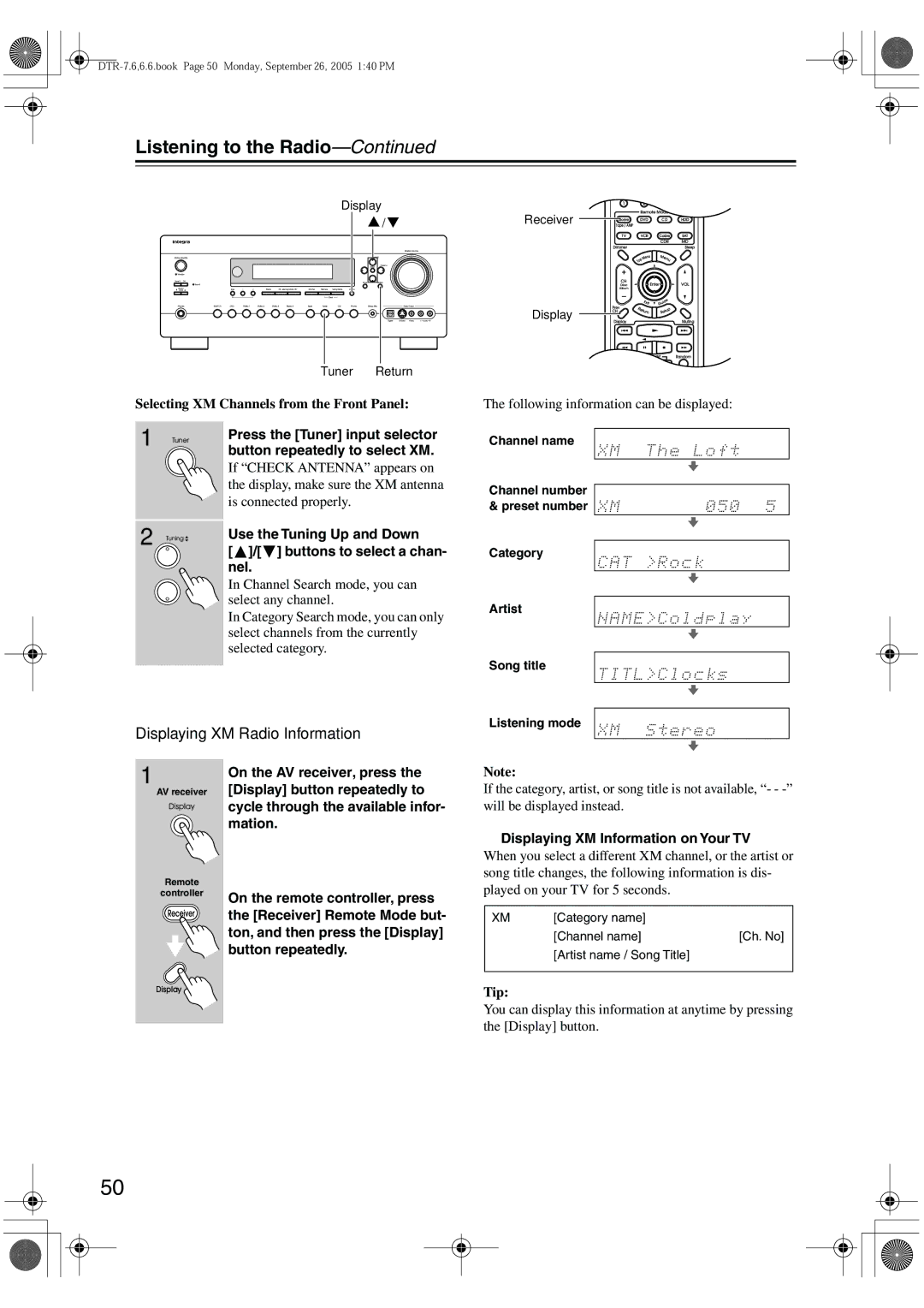 Integra DTR-7.6/6.6 Displaying XM Radio Information, Selecting XM Channels from the Front Panel, Buttons to select a chan 