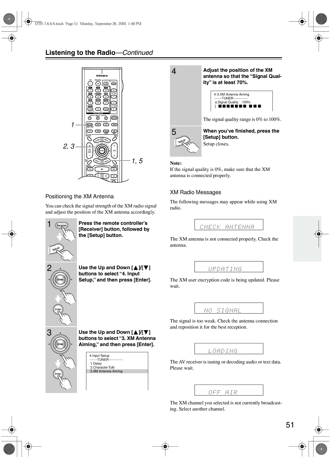 Integra DTR-7.6/6.6 instruction manual Positioning the XM Antenna, XM Radio Messages 