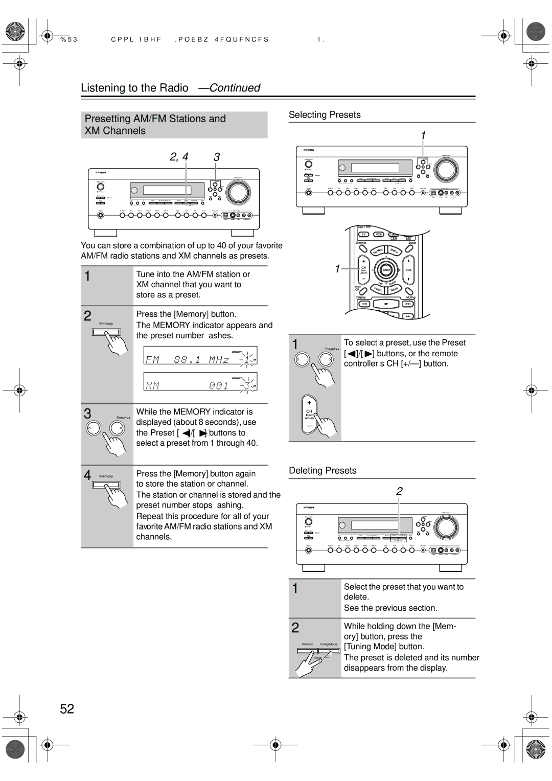 Integra DTR-7.6/6.6 instruction manual Presetting AM/FM Stations, XM Channels, Selecting Presets, Deleting Presets 