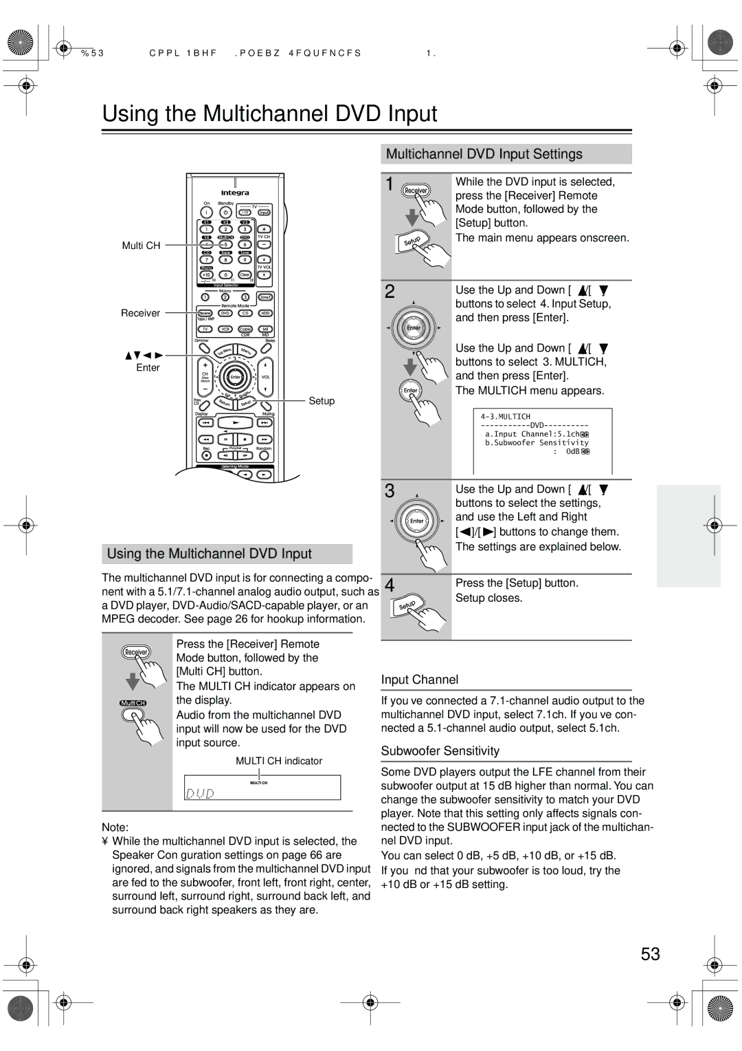 Integra DTR-7.6/6.6 instruction manual Using the Multichannel DVD Input, Multichannel DVD Input Settings, Input Channel 