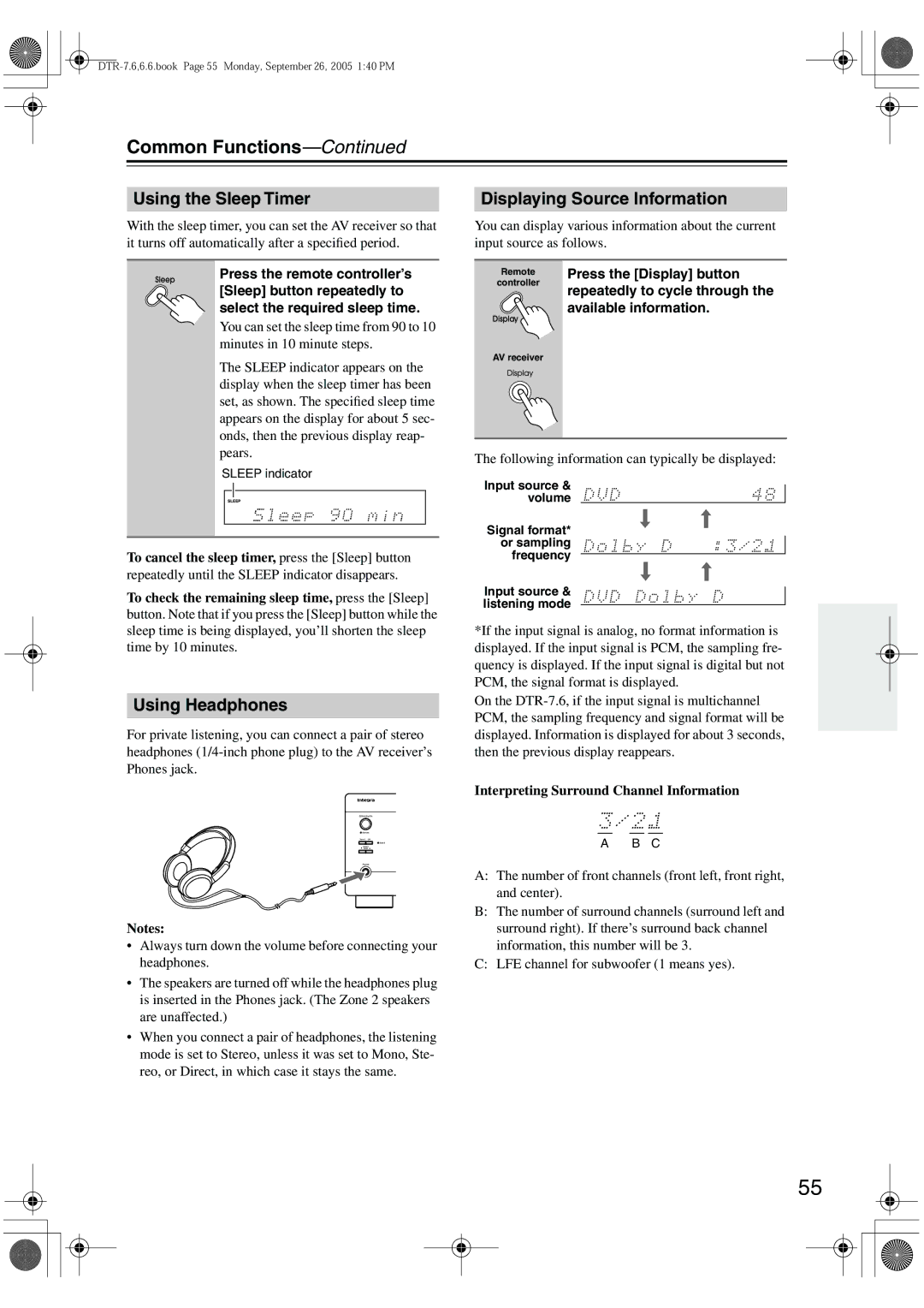 Integra DTR-7.6/6.6 Common Functions, Using the Sleep Timer, Using Headphones, Displaying Source Information 