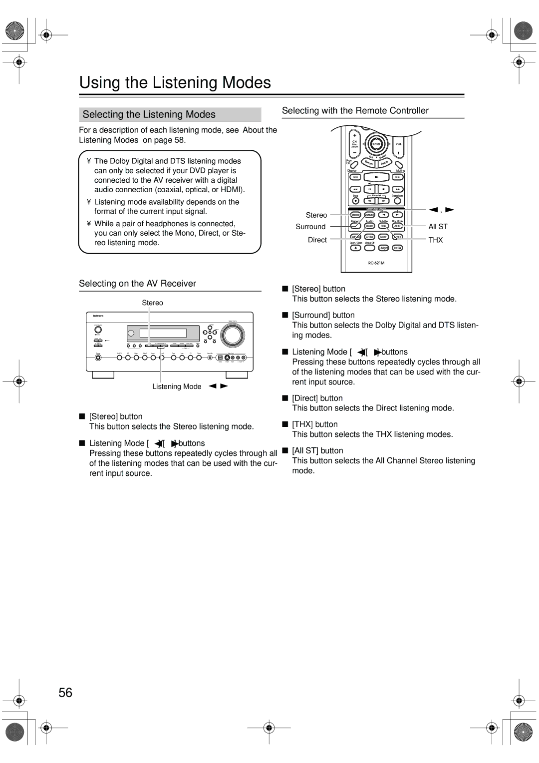 Integra DTR-7.6/6.6 Using the Listening Modes, Selecting the Listening Modes, Selecting with the Remote Controller 