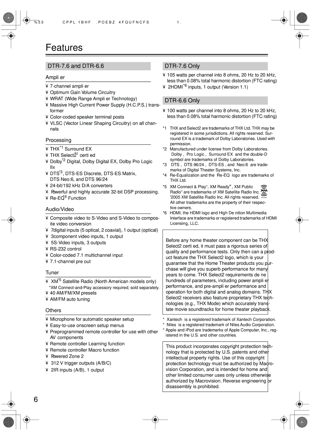 Integra DTR-7.6/6.6 instruction manual Features, DTR-7.6 and DTR-6.6, DTR-7.6 Only, DTR-6.6 Only 