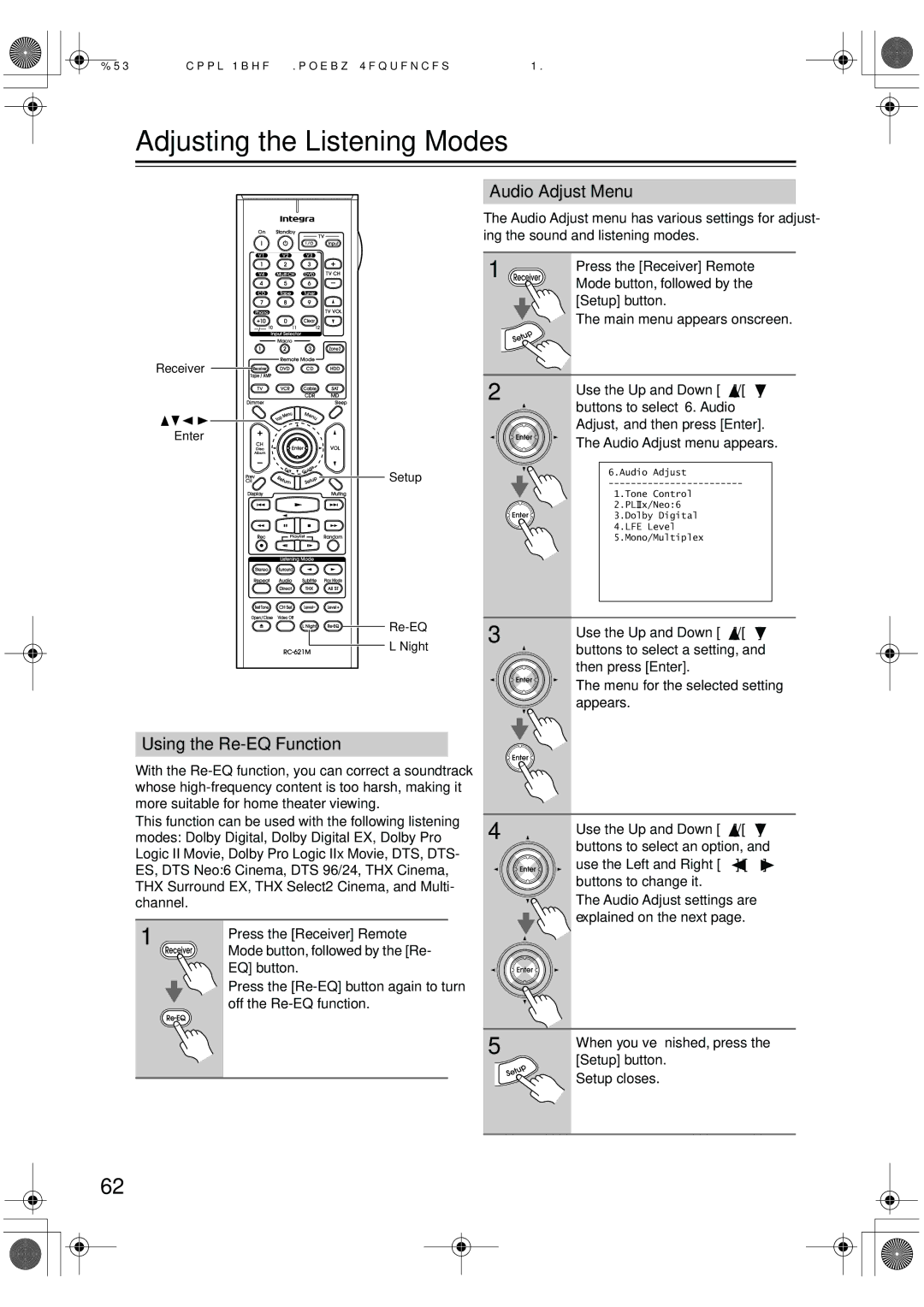 Integra DTR-7.6/6.6 instruction manual Adjusting the Listening Modes, Audio Adjust Menu, Using the Re-EQ Function 