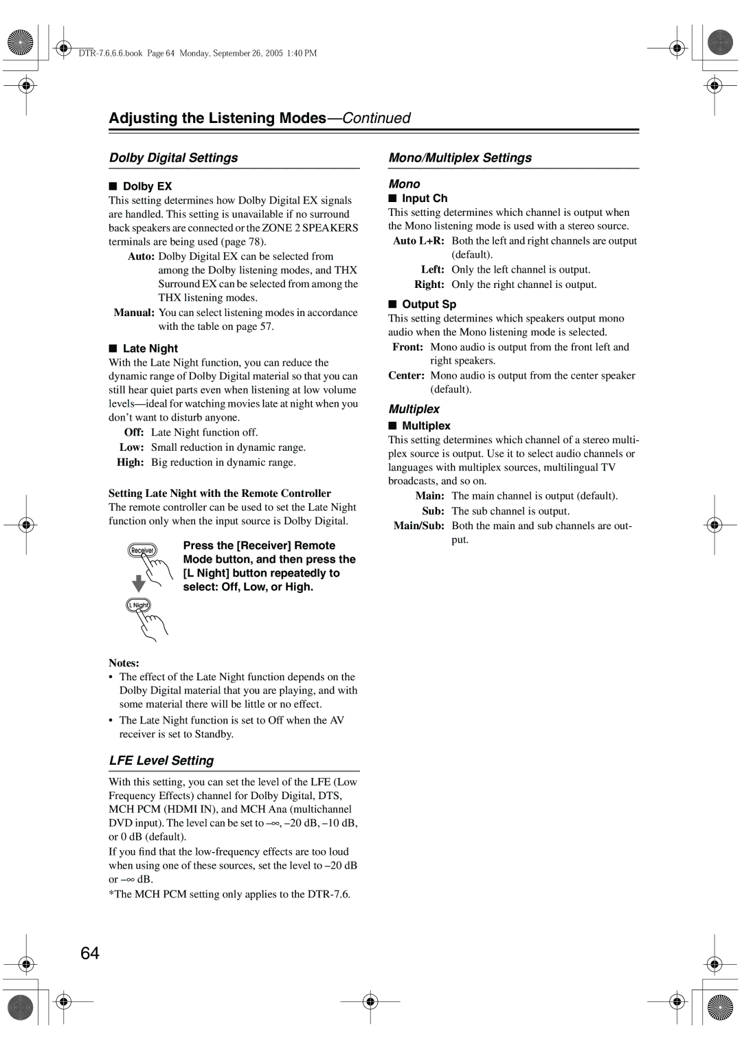 Integra DTR-7.6/6.6 instruction manual Dolby Digital Settings, Mono/Multiplex Settings, LFE Level Setting 