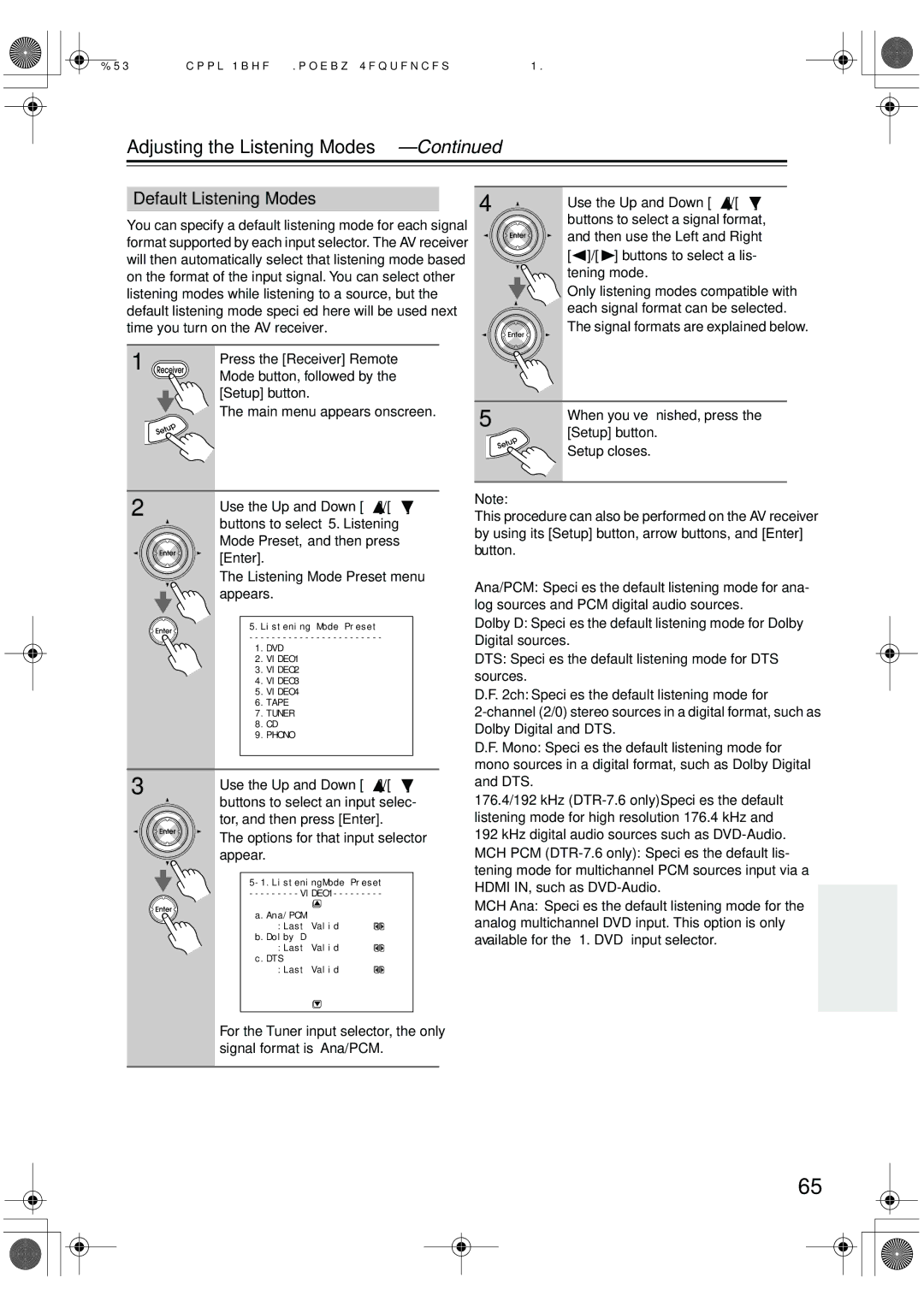 Integra DTR-7.6/6.6 instruction manual Default Listening Modes, Use the Up and Down Buttons to select 5. Listening 