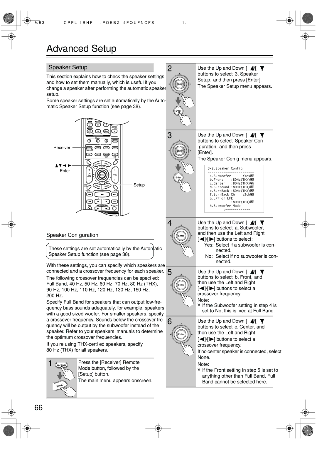 Integra DTR-7.6/6.6 instruction manual Advanced Setup, Speaker Setup menu appears, Speaker Conﬁg menu appears 