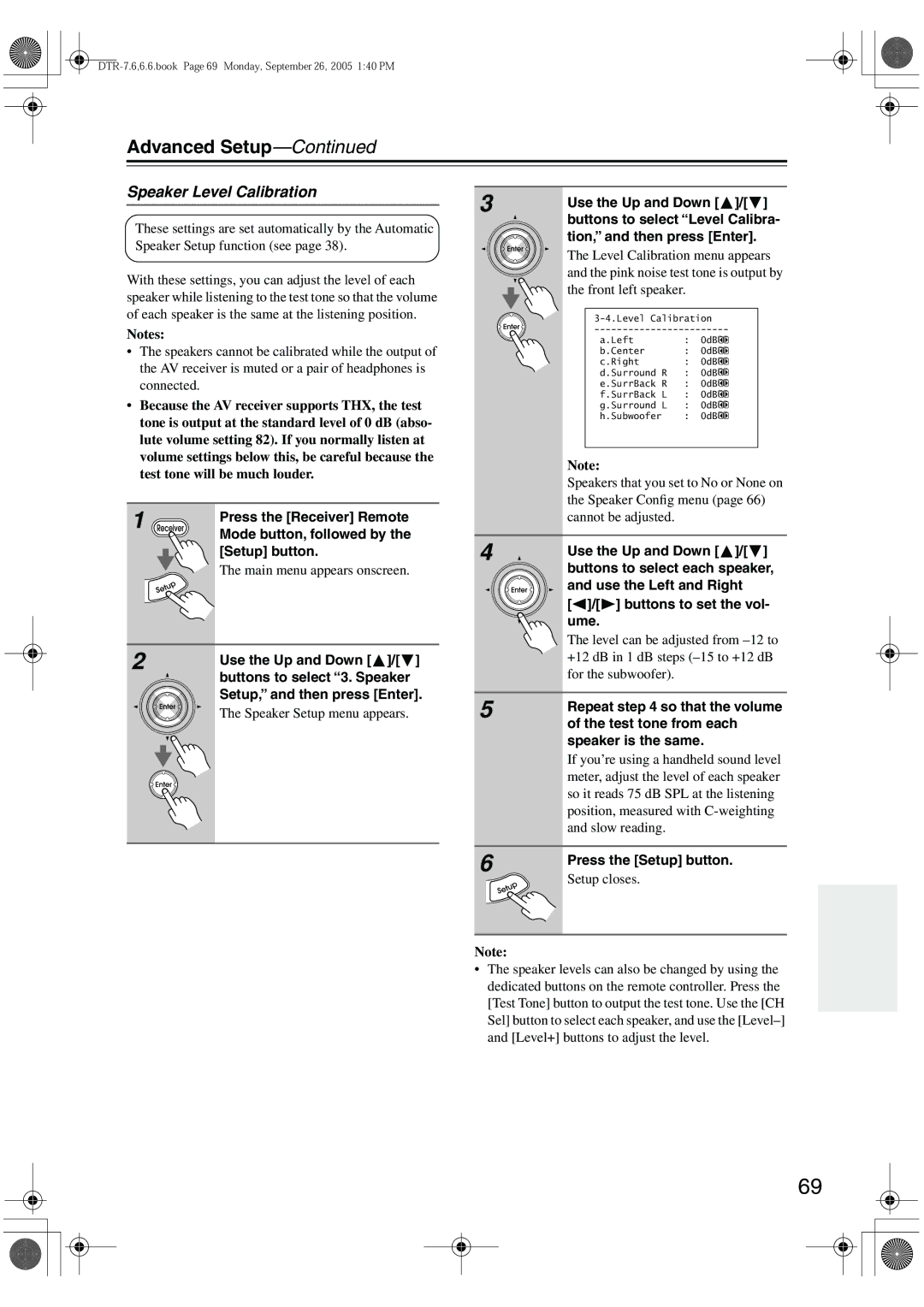 Integra DTR-7.6/6.6 instruction manual Speaker Level Calibration, Speaker Setup menu appears 