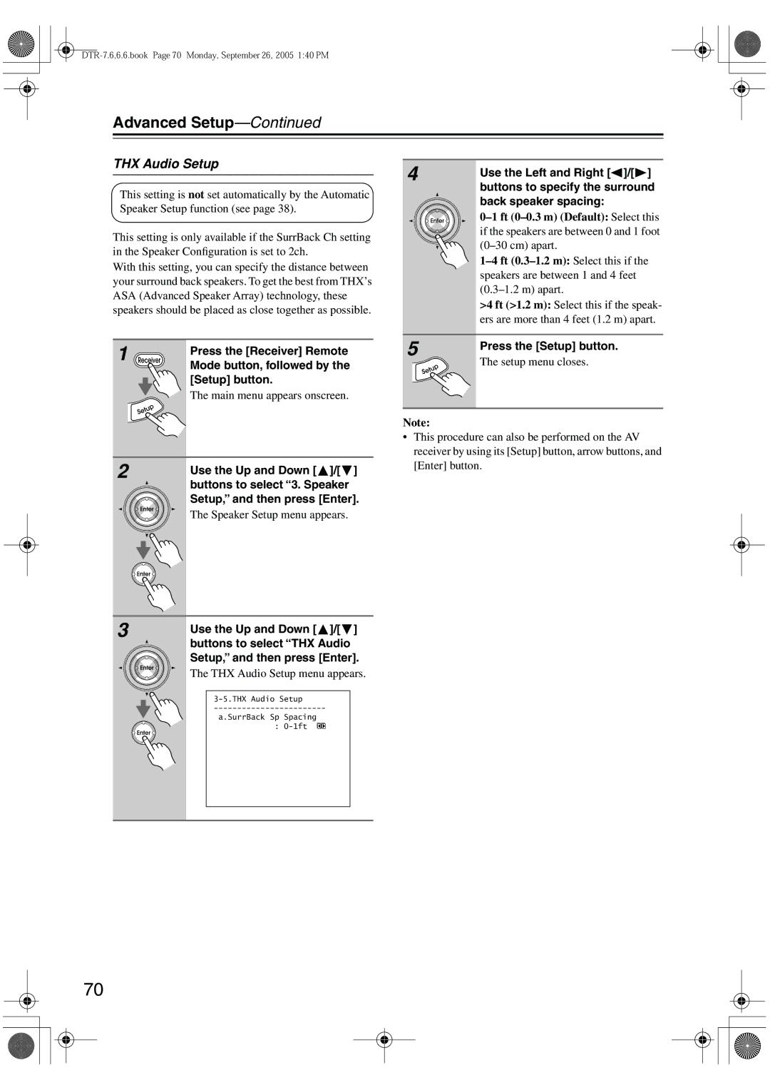 Integra DTR-7.6/6.6 THX Audio Setup, Buttons to specify the surround, Back speaker spacing, Setup menu closes 