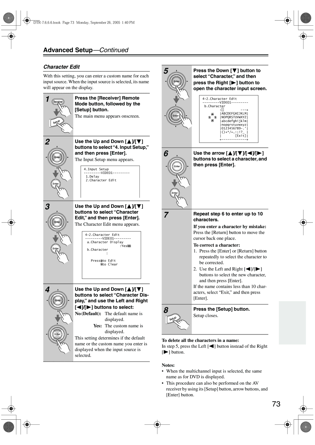 Integra DTR-7.6/6.6 instruction manual Character Edit, Use the arrow, Then press Enter Repeat to enter up to Characters 