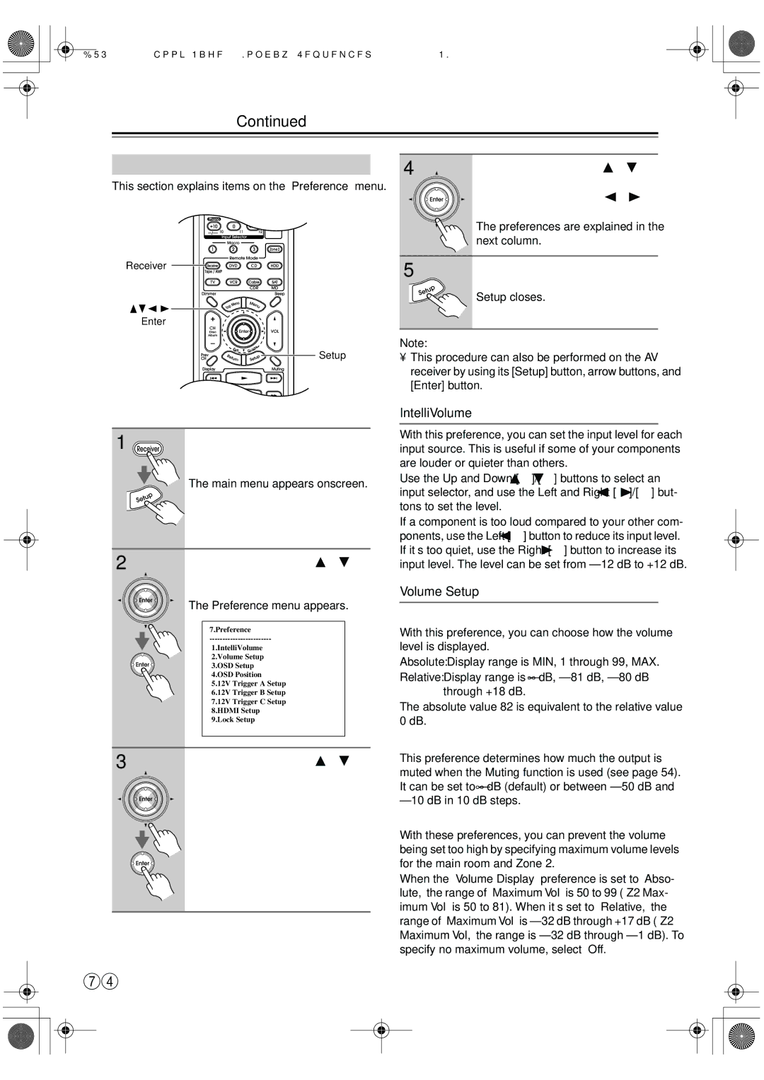 Integra DTR-7.6/6.6 instruction manual Preferences, IntelliVolume, Volume Setup 