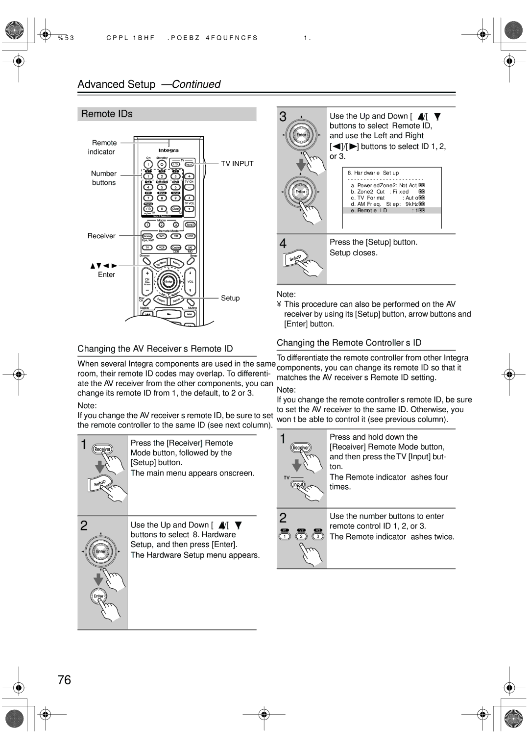 Integra DTR-7.6/6.6 Remote IDs, Changing the AV Receiver’s Remote ID, Changing the Remote Controller’s ID 