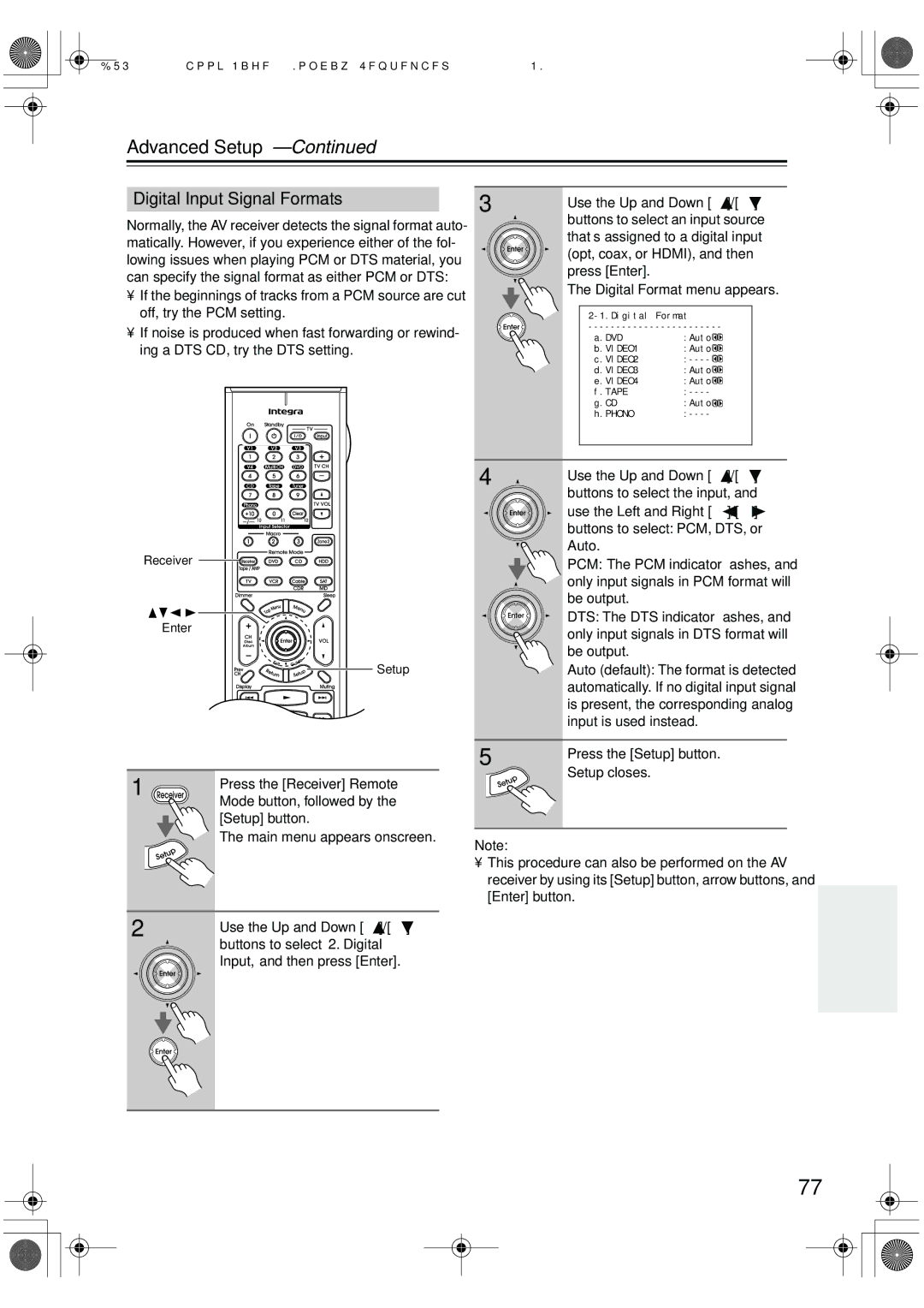 Integra DTR-7.6/6.6 instruction manual Digital Input Signal Formats, Input, and then press Enter Use the Up and Down 