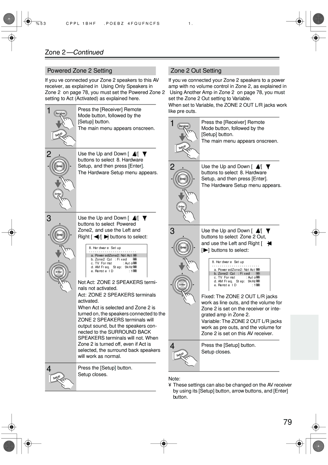 Integra DTR-7.6/6.6 instruction manual Powered Zone 2 Setting, Zone 2 Out Setting 