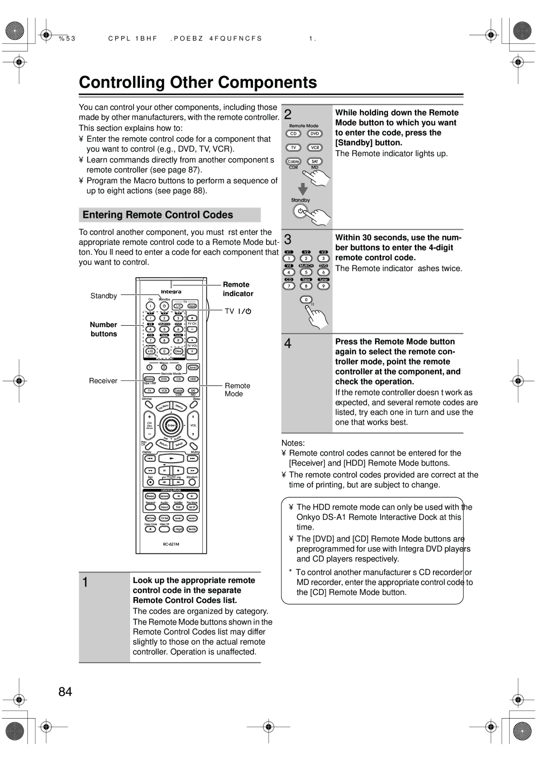 Integra DTR-7.6/6.6 instruction manual Controlling Other Components, Entering Remote Control Codes 