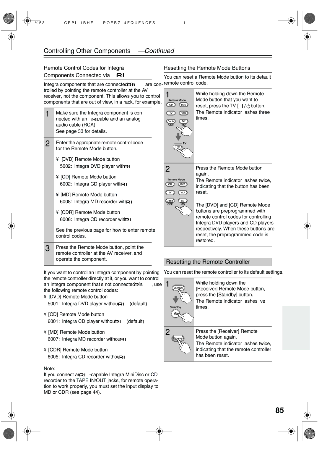 Integra DTR-7.6/6.6 Controlling Other Components, Resetting the Remote Controller, Resetting the Remote Mode Buttons 