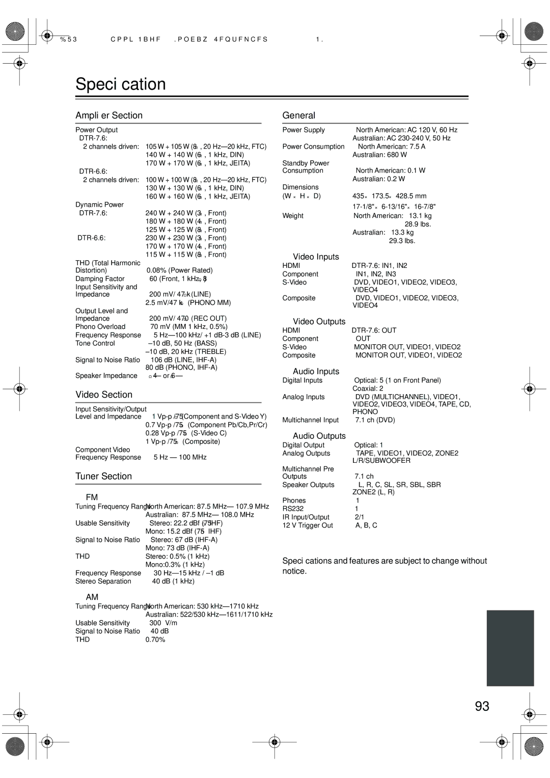 Integra DTR-7.6/6.6 instruction manual Speciﬁcation, Ampliﬁer Section, Video Section, Tuner Section, General 